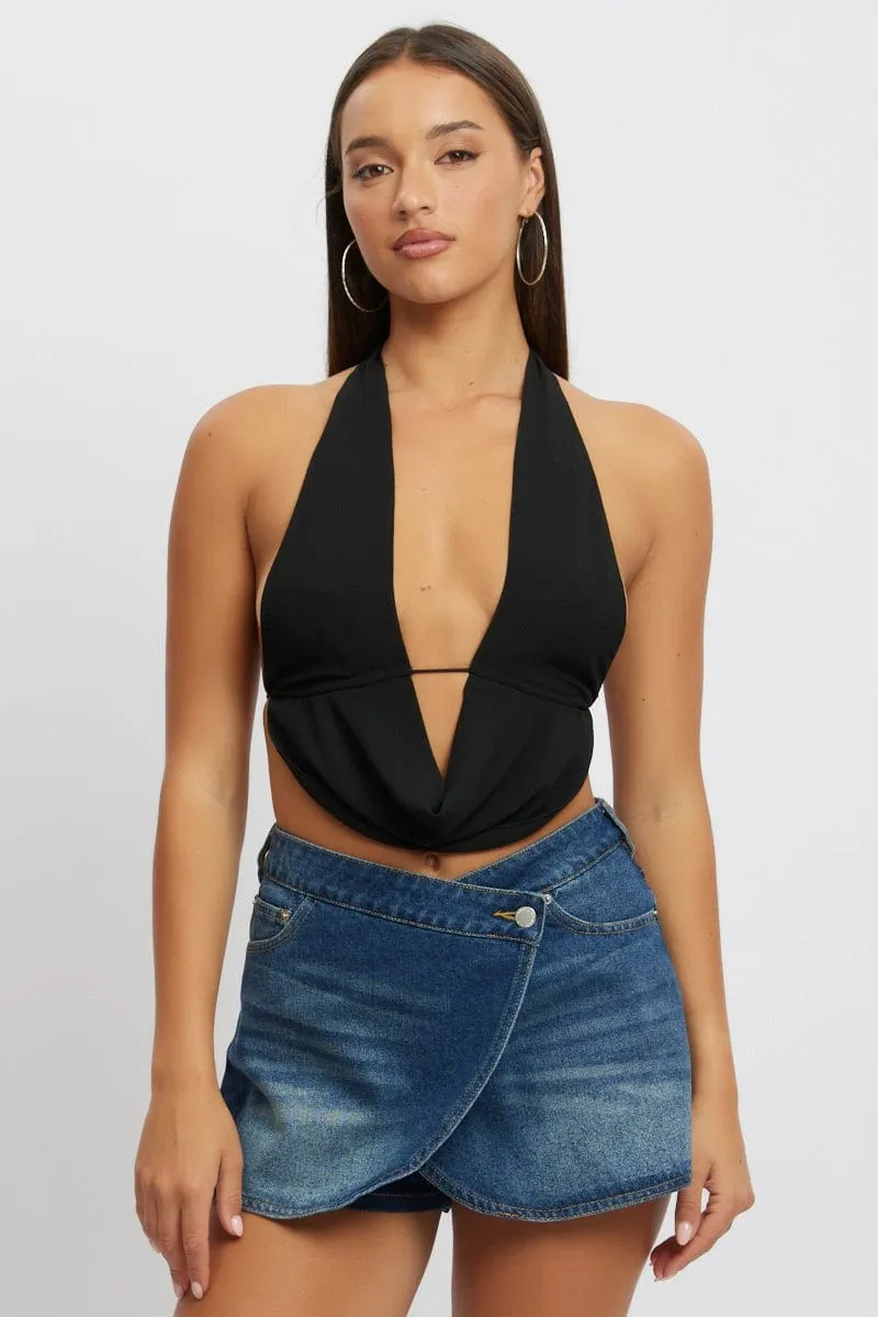 Black Halter Top Sleeveless Loop Design Open Back