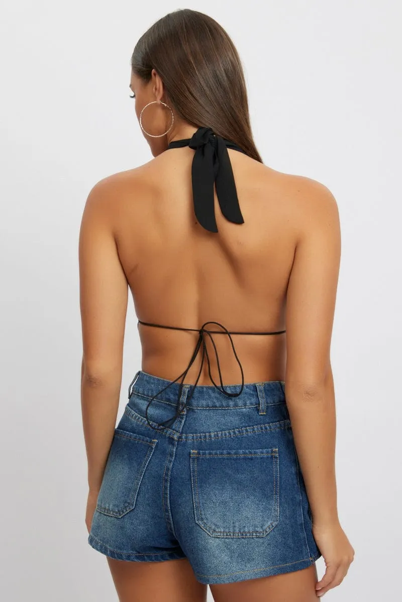 Black Halter Top Sleeveless Loop Design Open Back