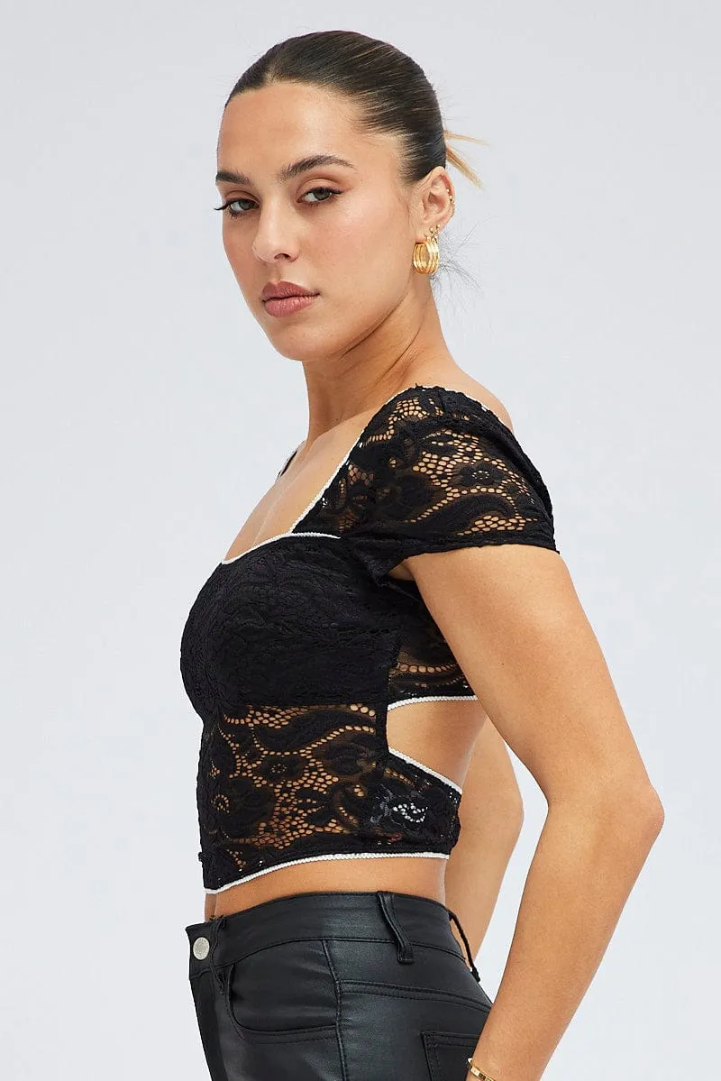 Black Lace Top Cap Sleeve Square Neck Open Back Stretch