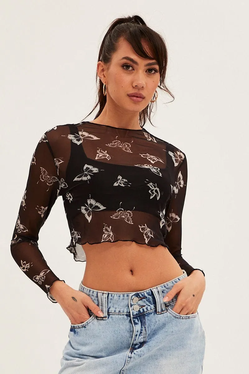Black Mesh Long Sleeve Crop Top