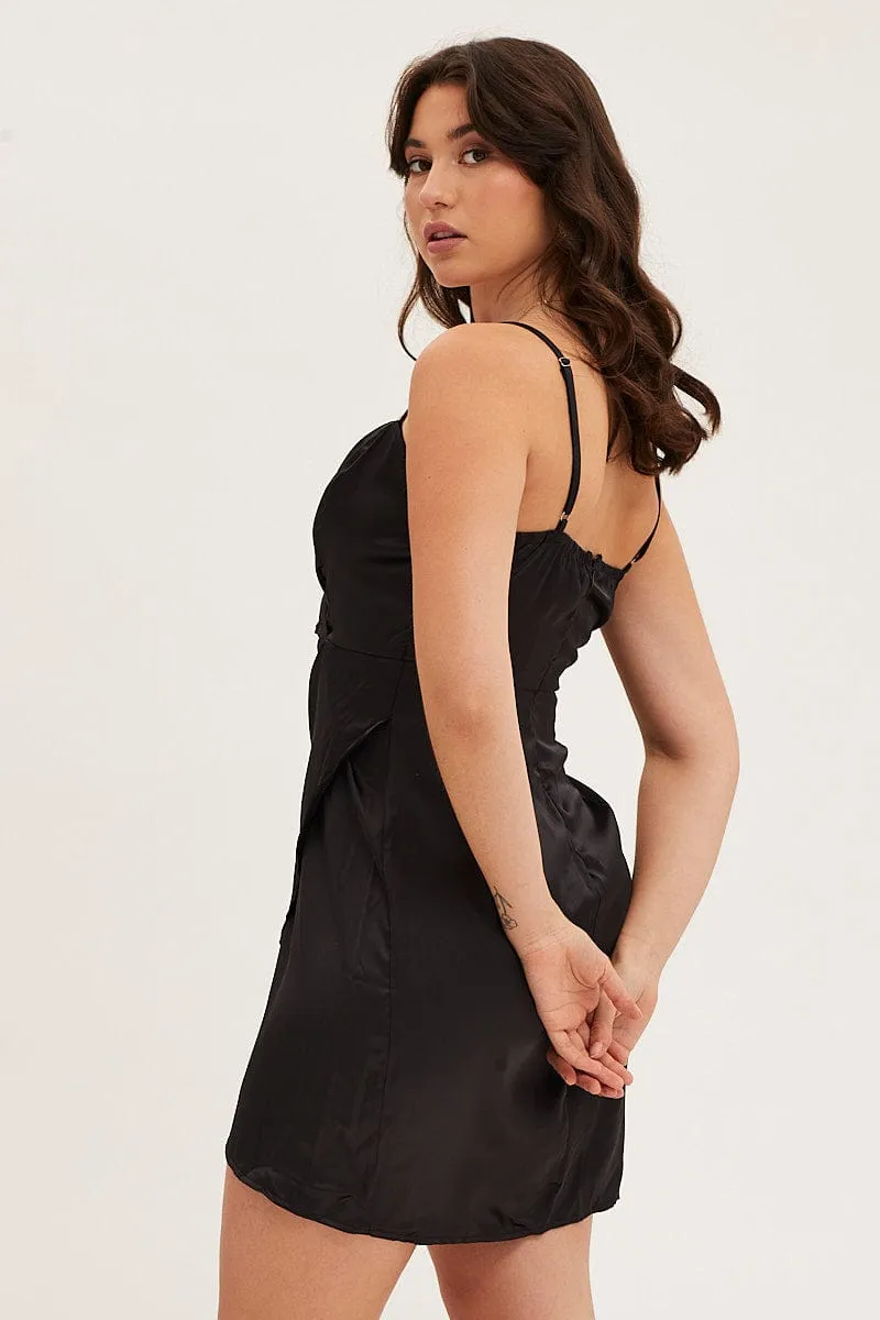 Black Mini Dress Strap Wrap Sweet Heart Neck Polyester