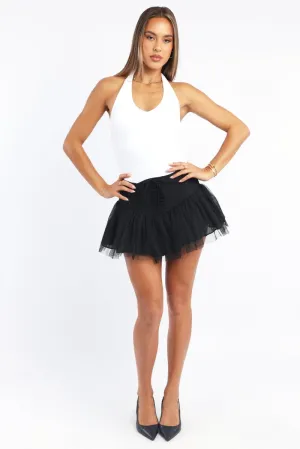 Black Mini Skirt High Waisted Shirred Back Lace Up Tutu