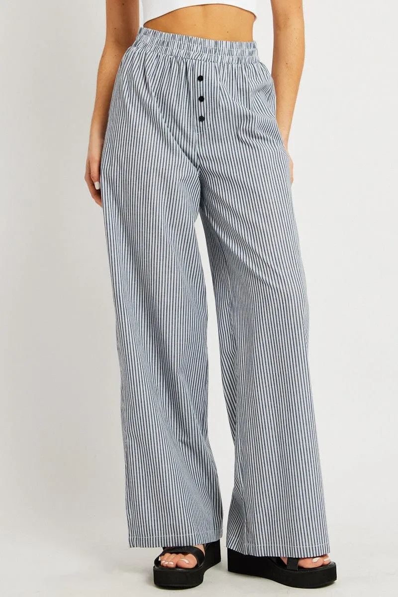 Black Stripe Wide Leg Pants Elasticated Waist