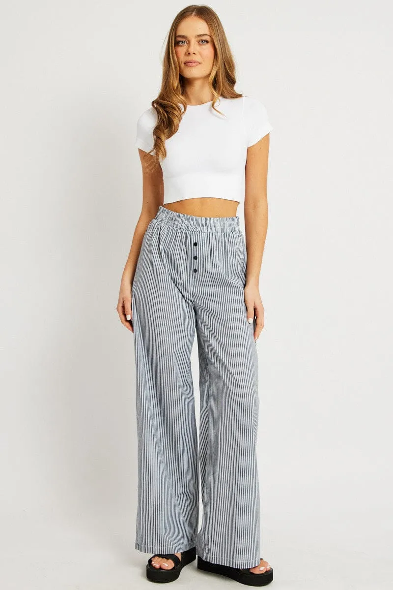 Black Stripe Wide Leg Pants Elasticated Waist