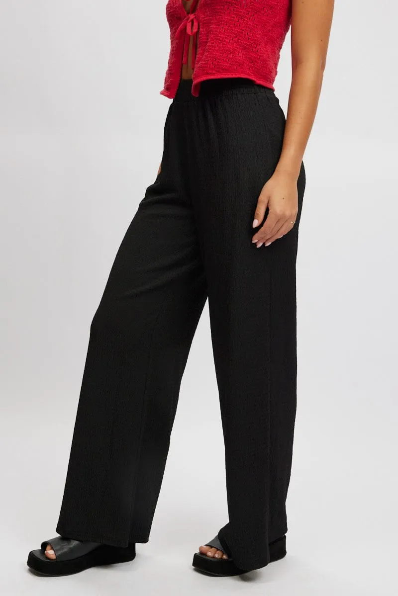 Black Wide Leg Pants High Rise Textured Fabric