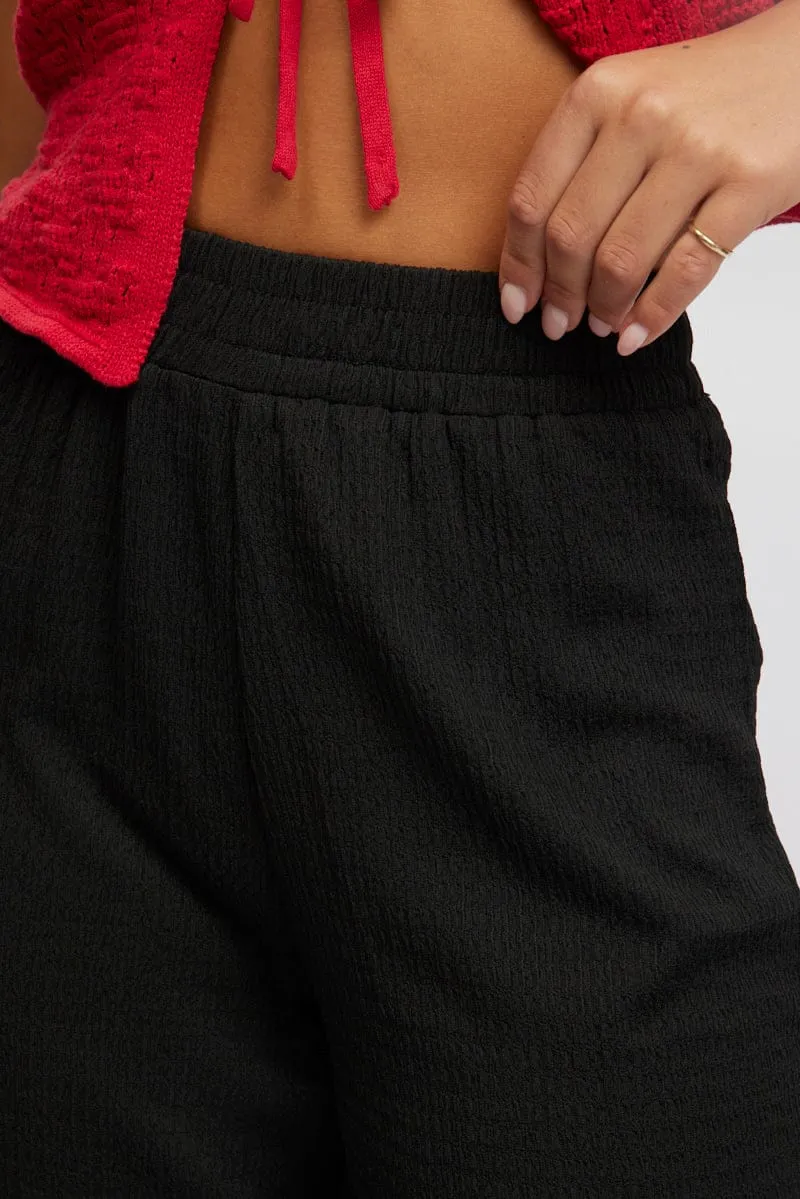 Black Wide Leg Pants High Rise Textured Fabric