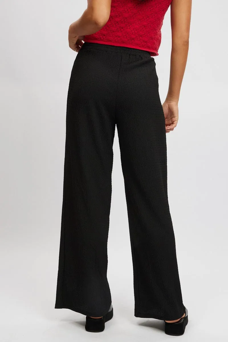 Black Wide Leg Pants High Rise Textured Fabric