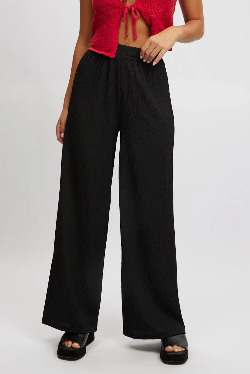 Black Wide Leg Pants High Rise Textured Fabric