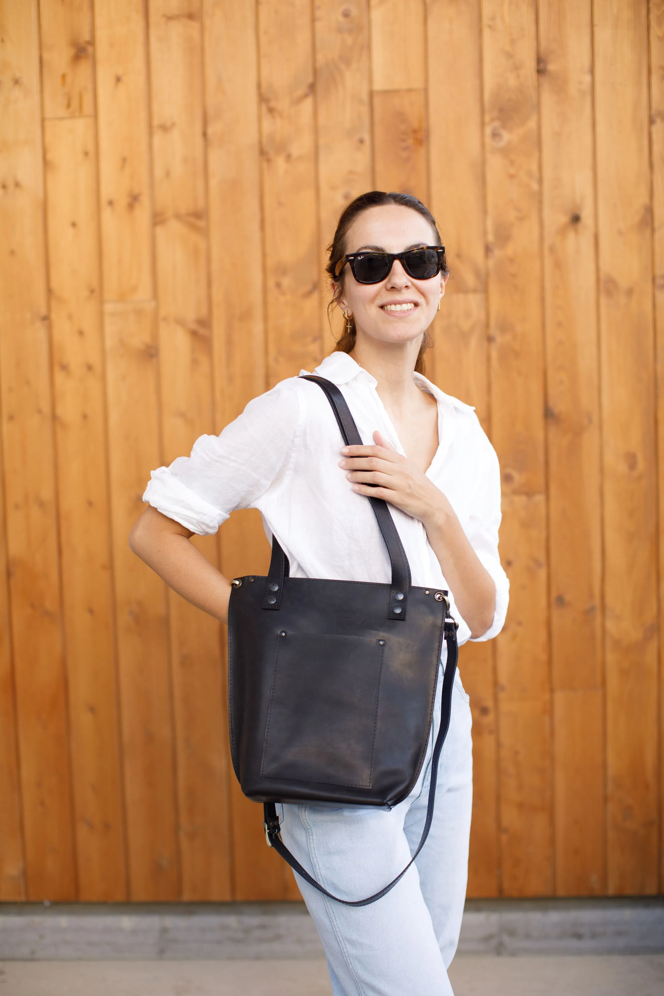 Black Zip Top Leather Tote Bag