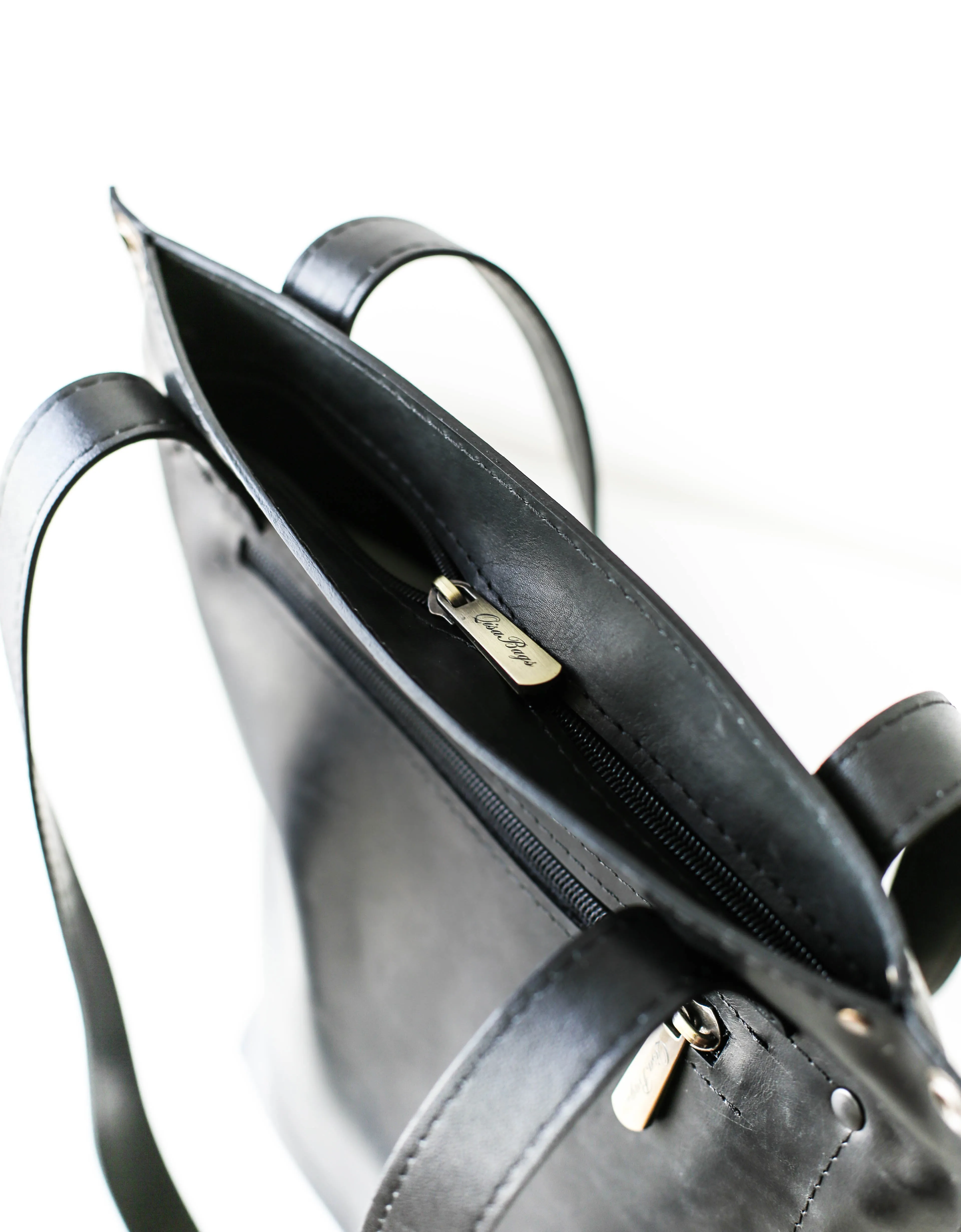 Black Zip Top Leather Tote Bag