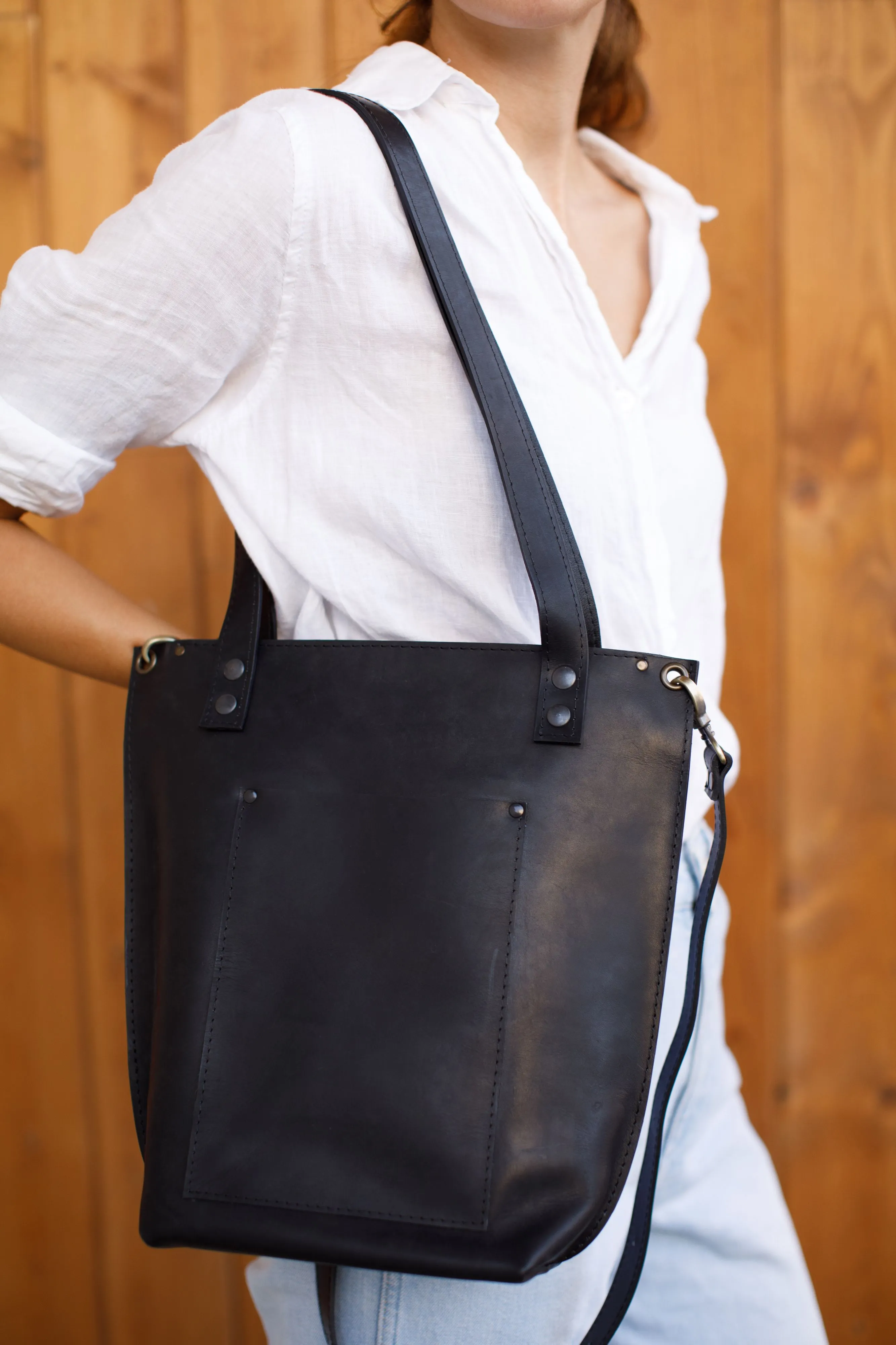Black Zip Top Leather Tote Bag
