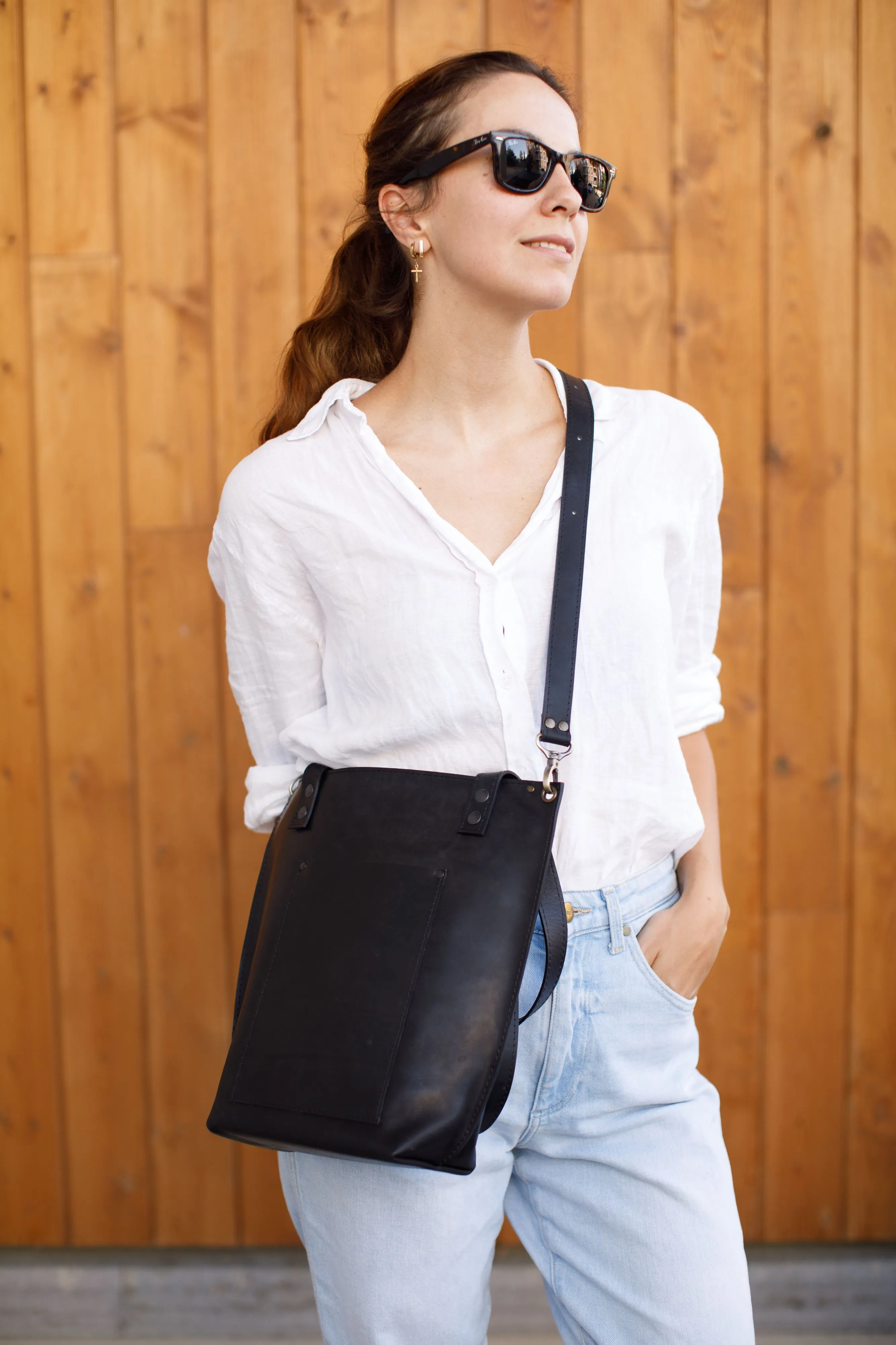 Black Zip Top Leather Tote Bag