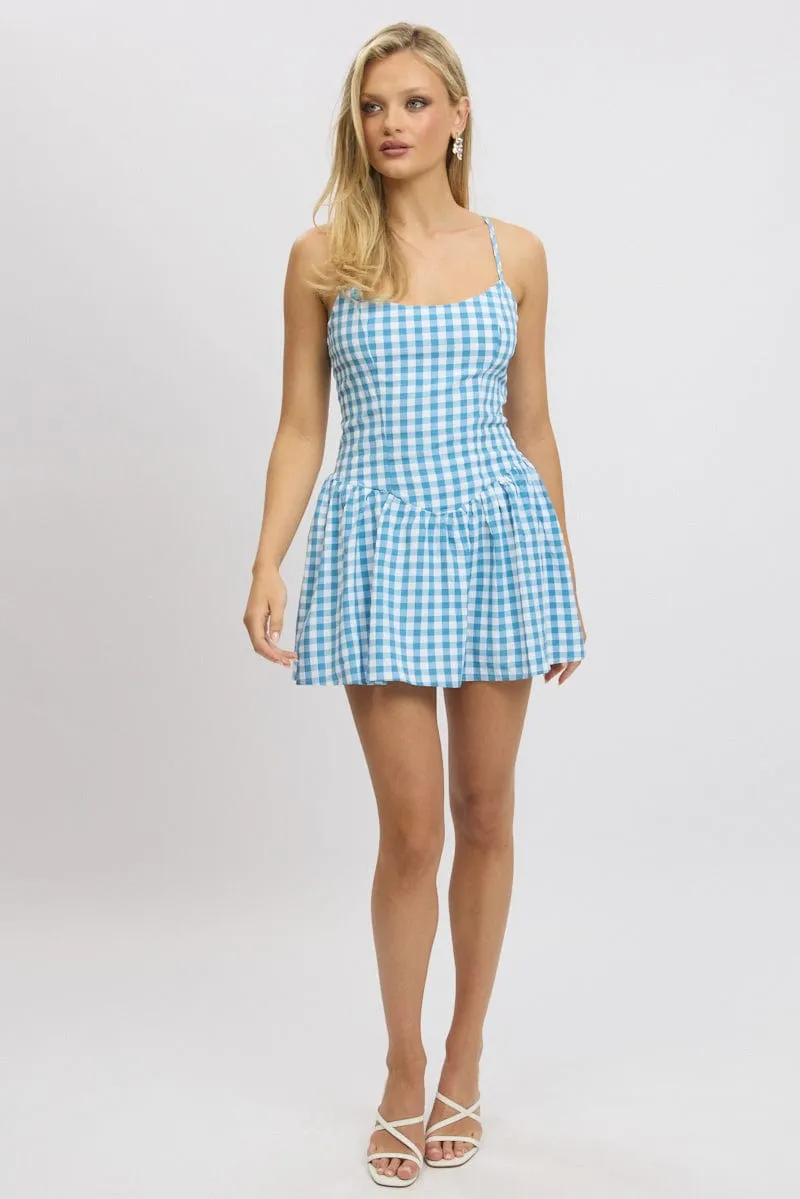 Blue Check Fit And Flare Dress Mini