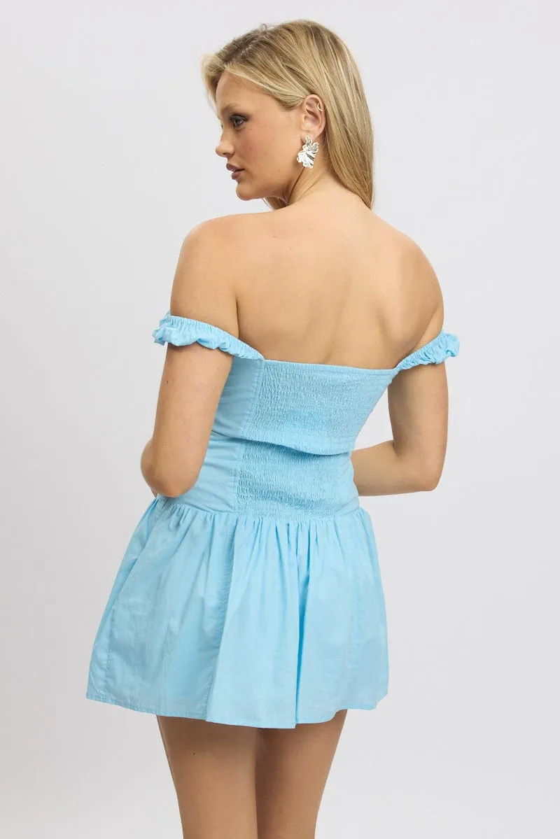Blue Fit And Flare Dress Drop Waist Mini Poplin