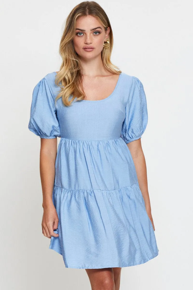 Blue Fit And Flare Dress Short Sleeve Open Back