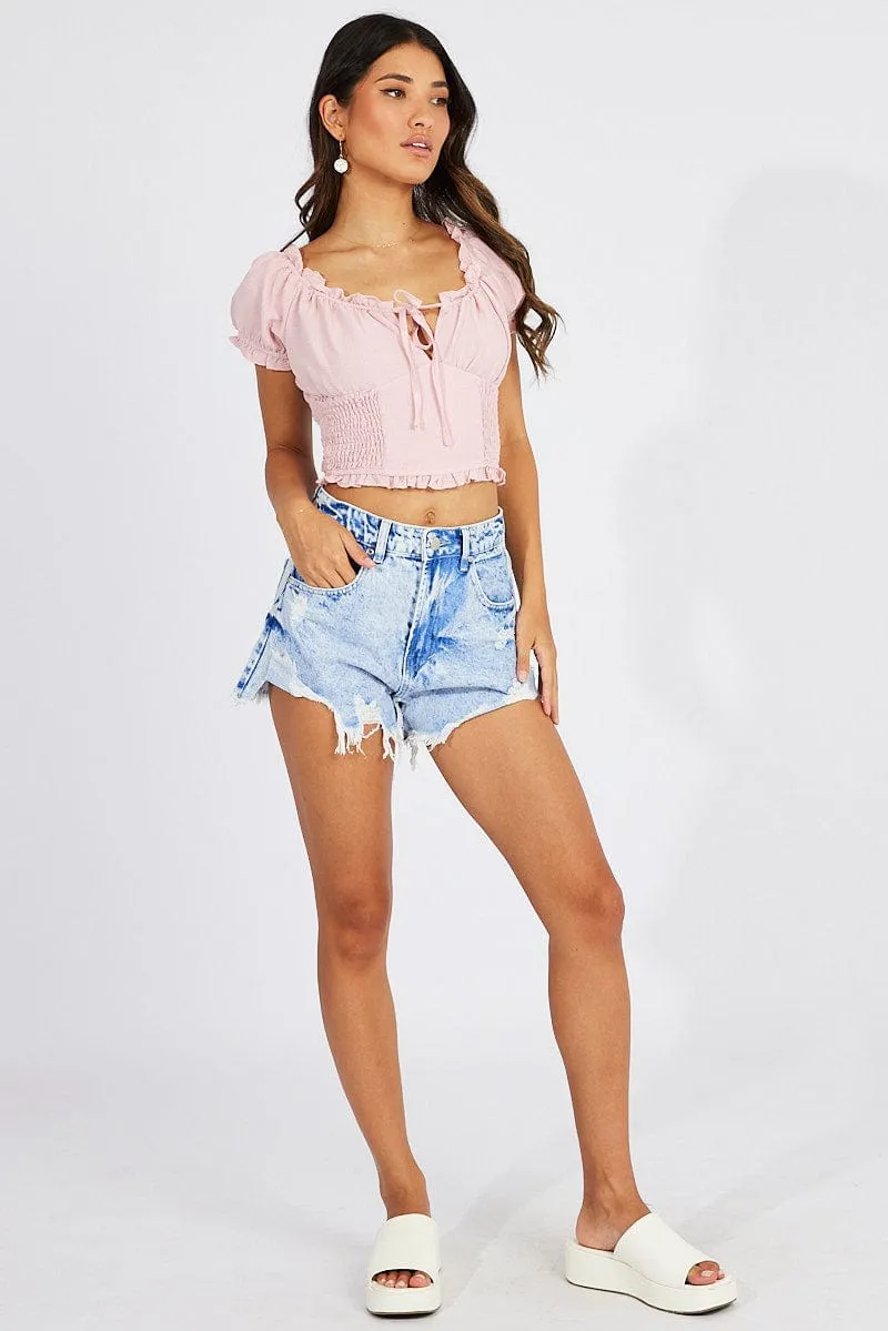 Blue Ripped Denim Shorts High Rise
