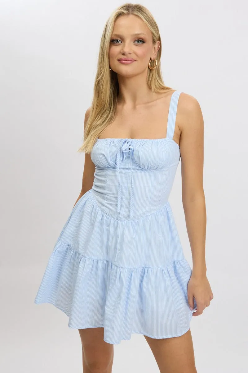 Blue Stripe Fit And Flare Dress Mini Gathered Bust