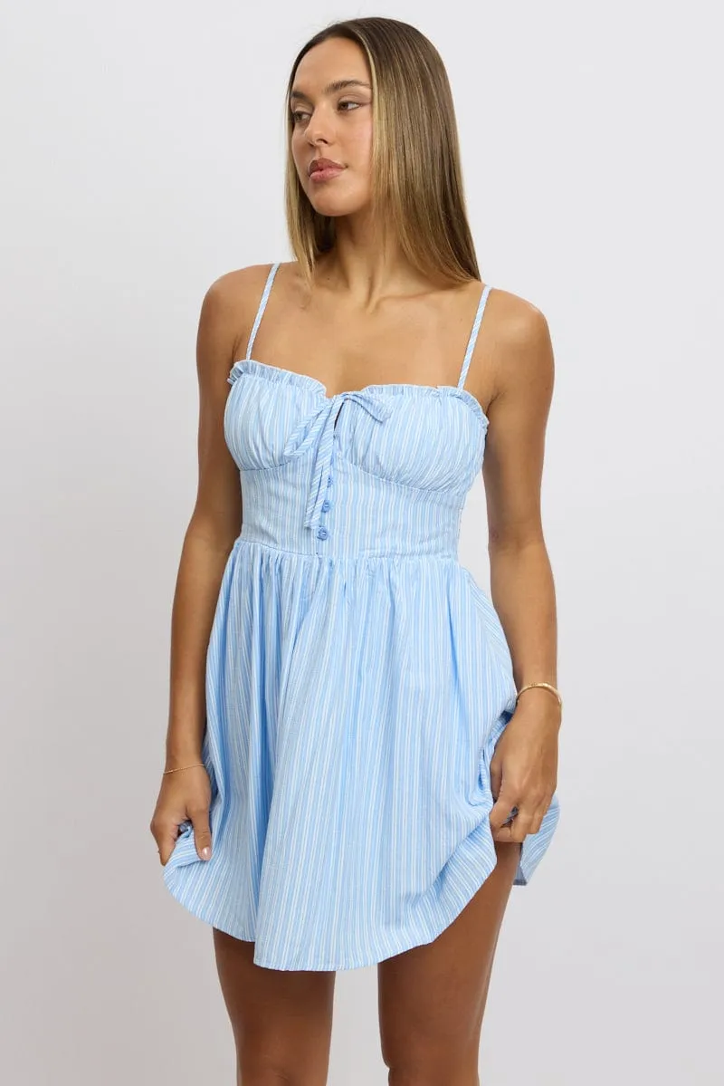 Blue Stripe Fit And Flare Dress Mini
