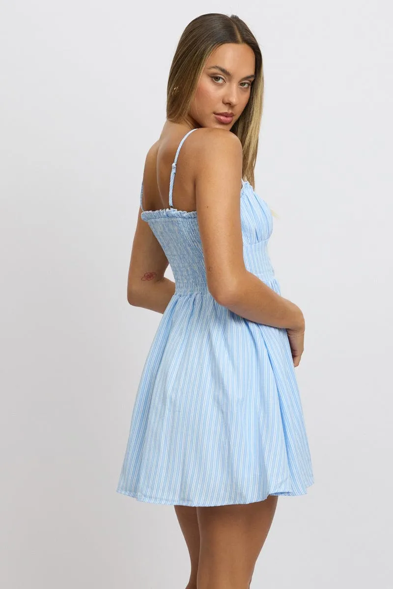 Blue Stripe Fit And Flare Dress Mini