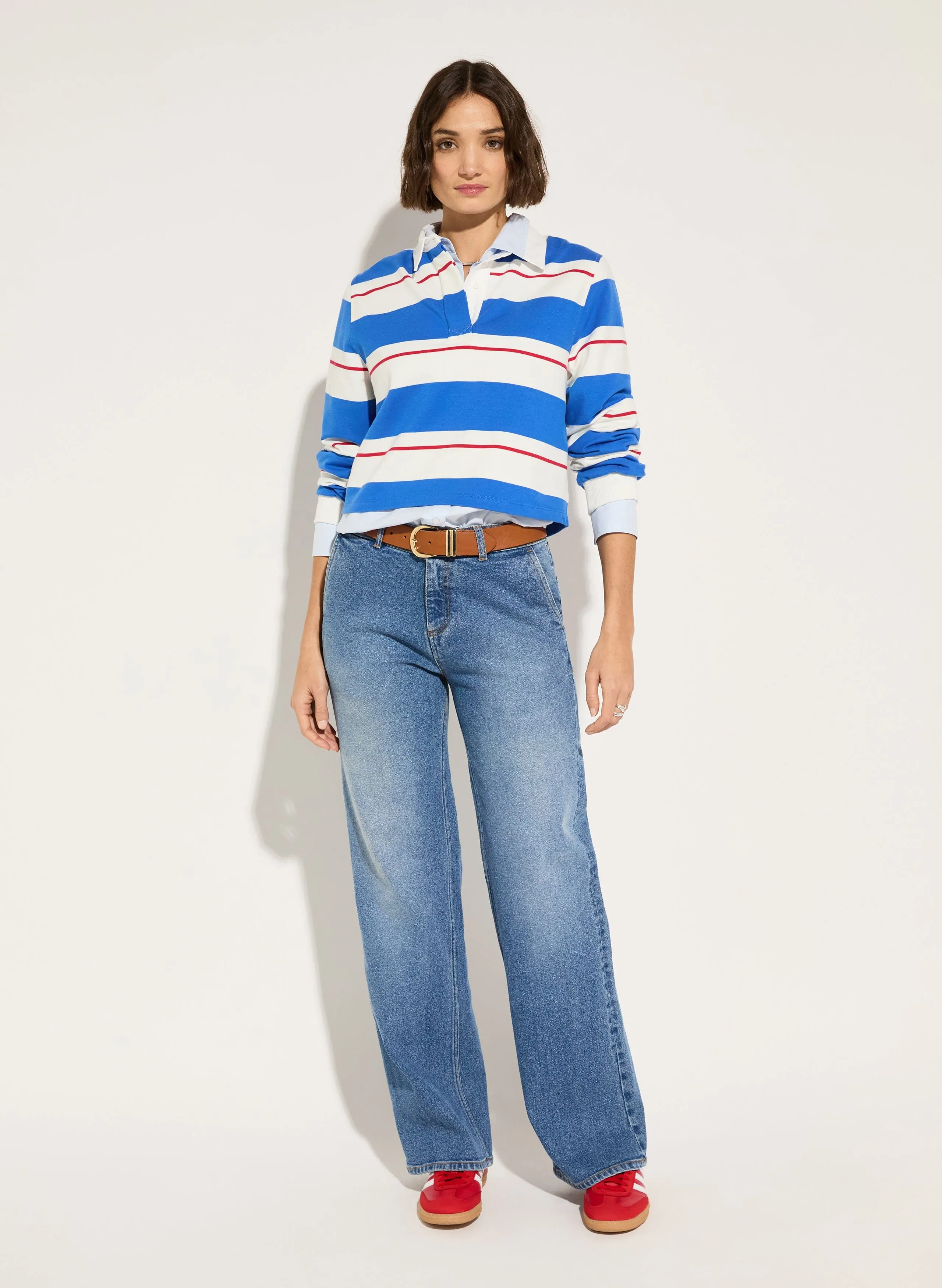 Bluebell Organic Cotton Cropped Rugby Top | Blue & Crimson