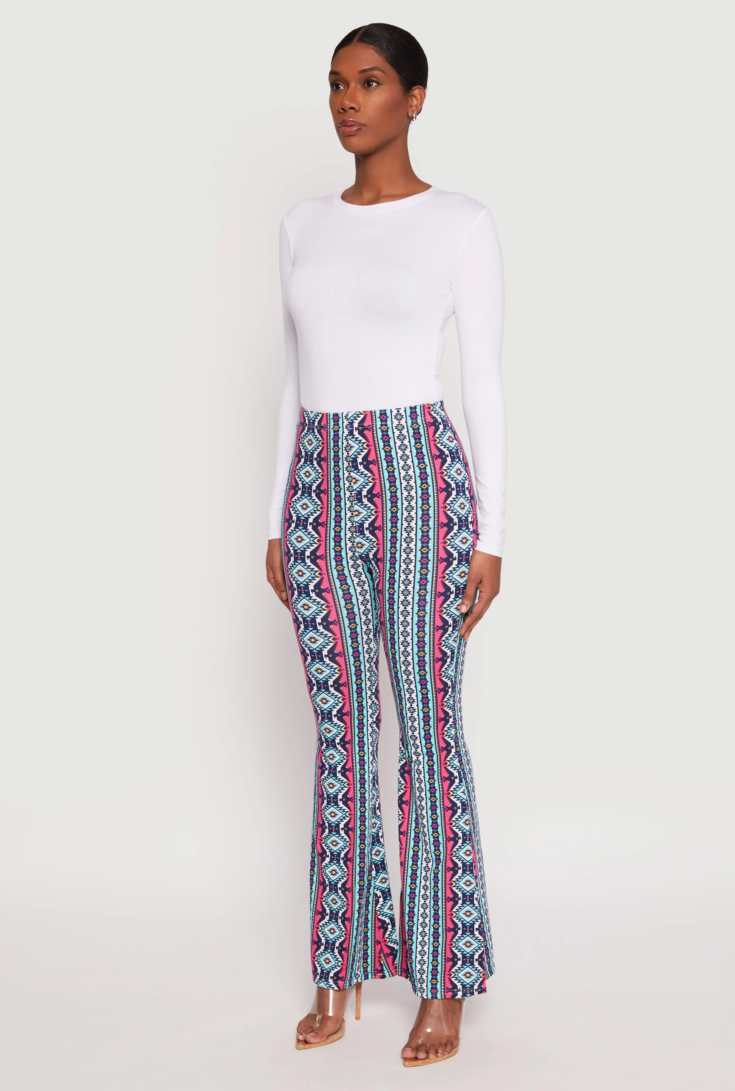 Border Print High Waist Flared Pants
