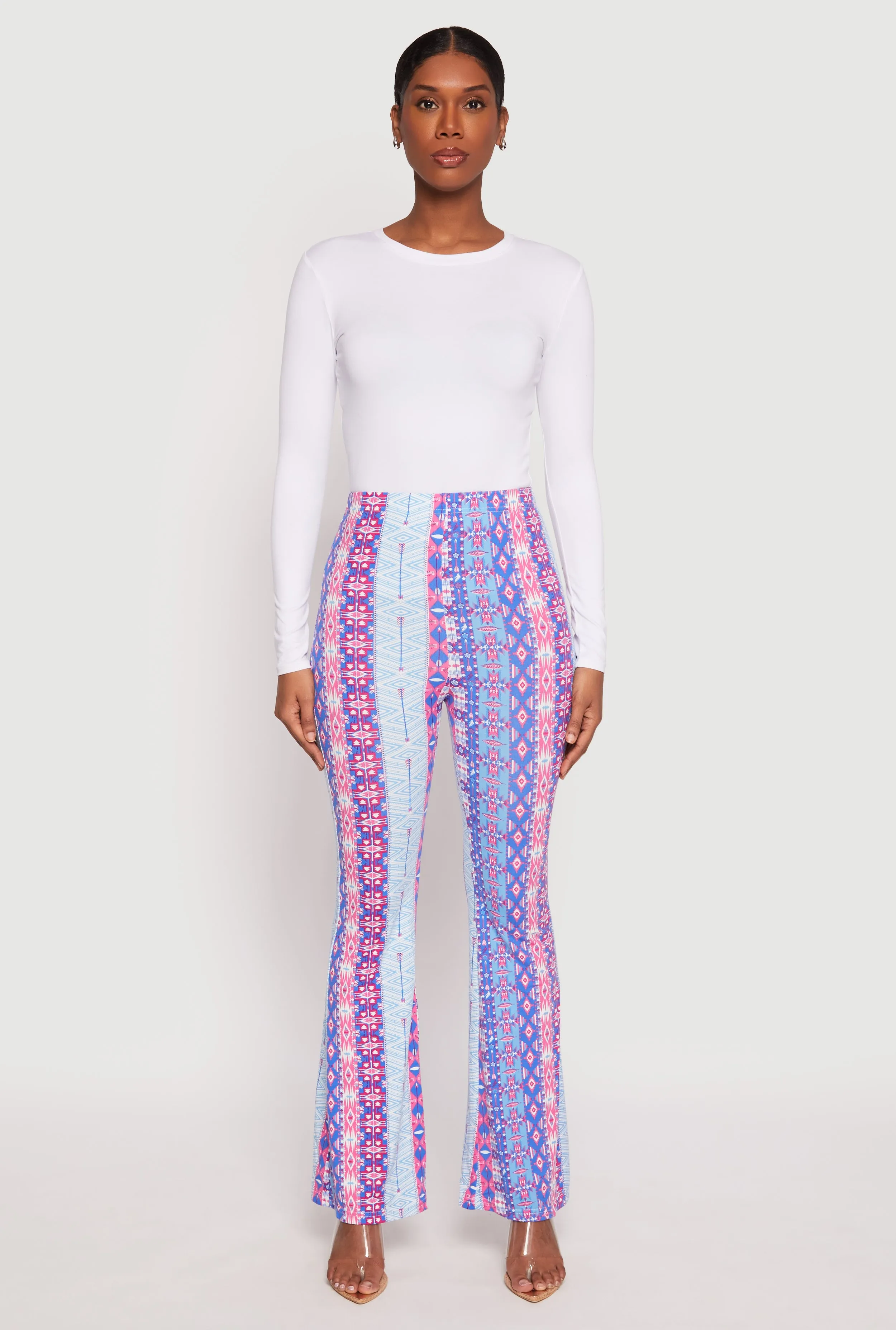 Border Print High Waist Flared Pants
