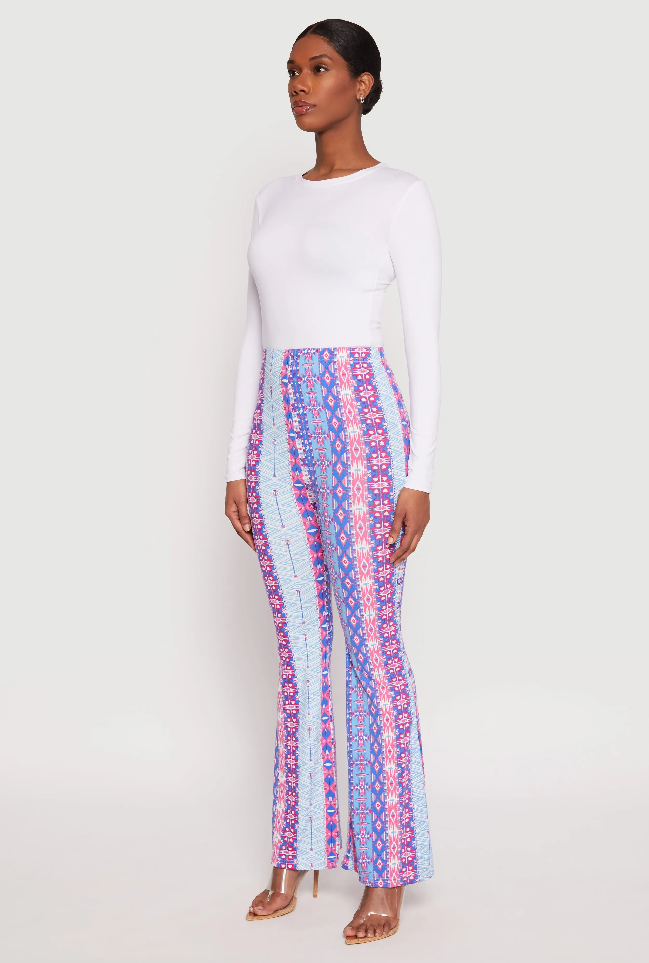 Border Print High Waist Flared Pants