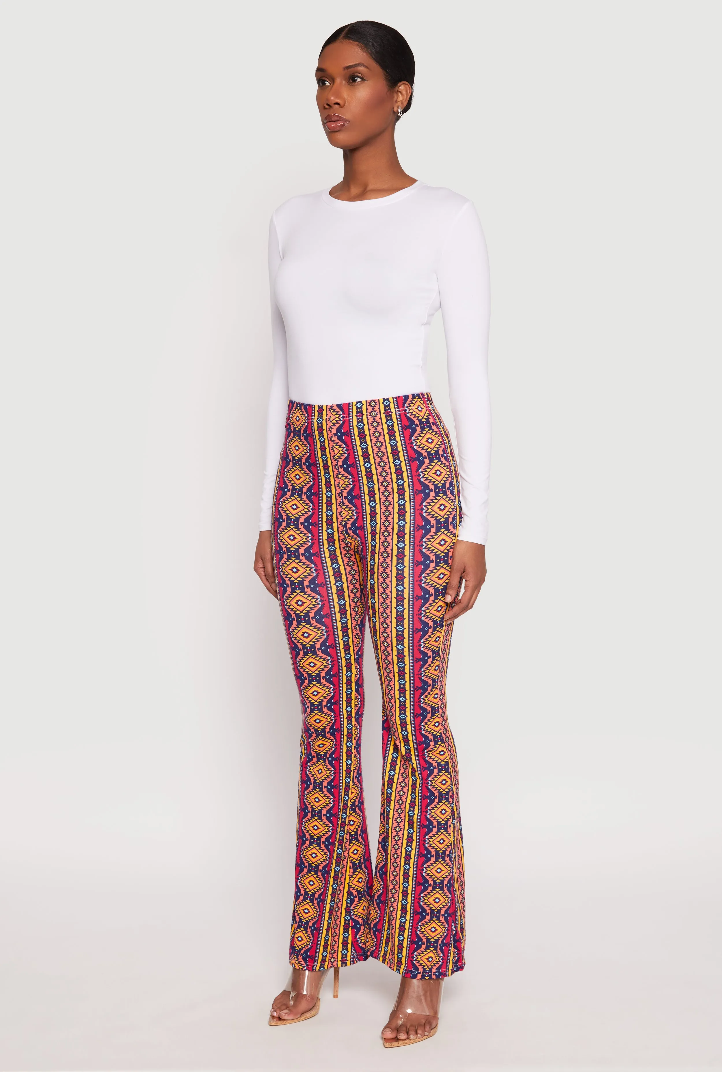 Border Print High Waist Flared Pants