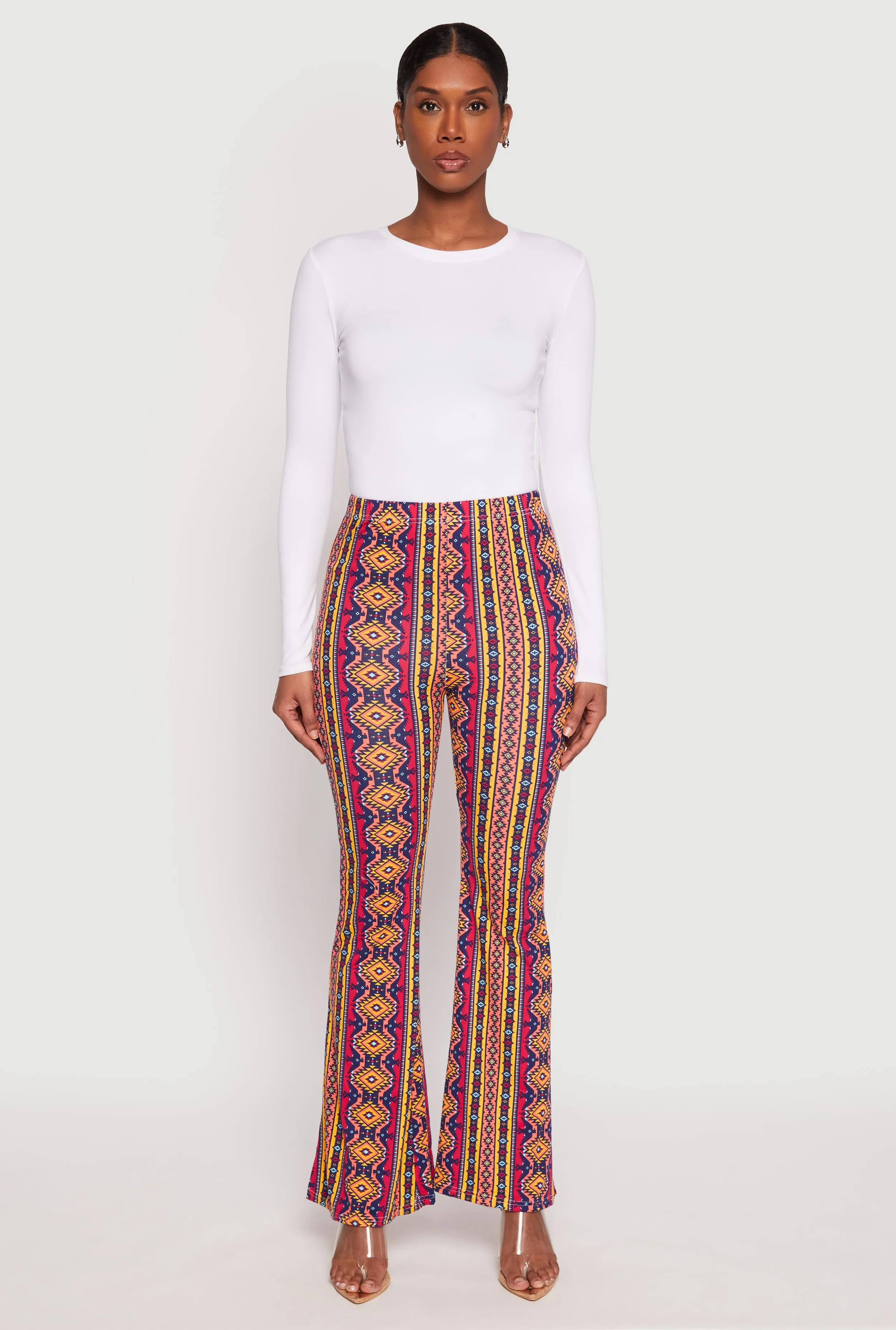 Border Print High Waist Flared Pants