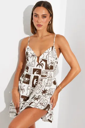 Brown Abstract Fit And Flare Dress Sleeveless