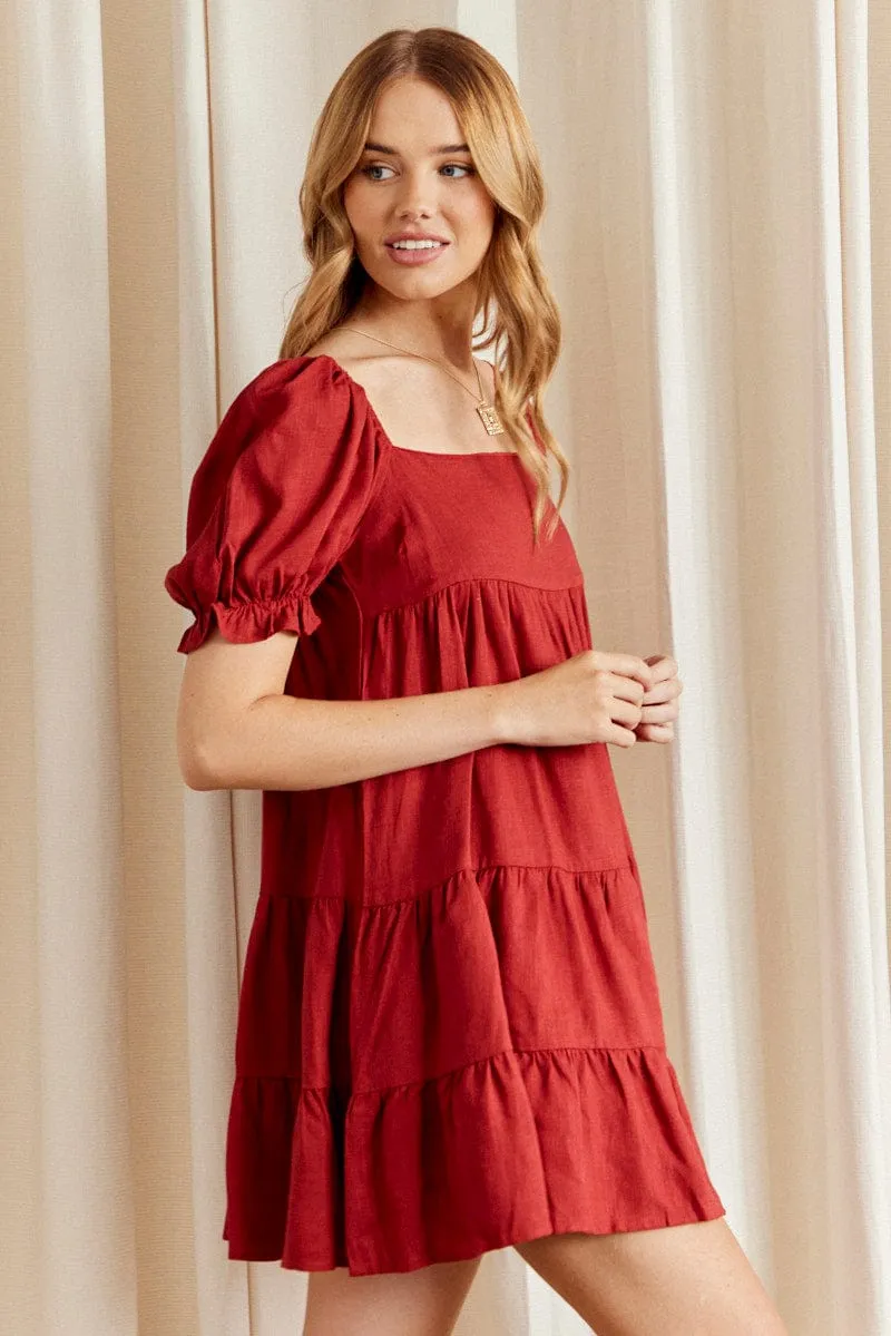 Brown Fit And Flare Dress Short Sleeve Square Neck