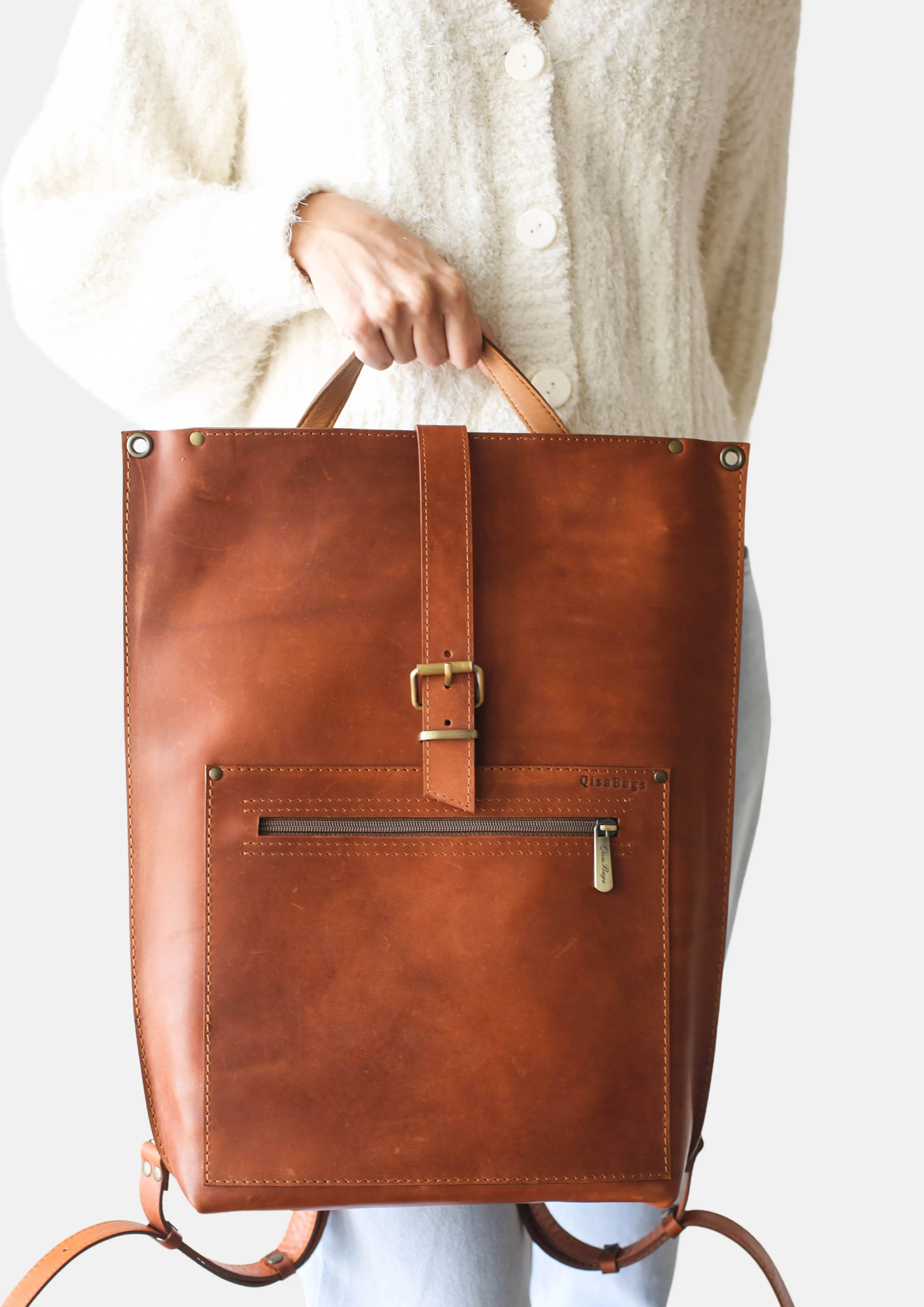 Brown Leather Laptop Backpack w/Zipper - Buckle Edition
