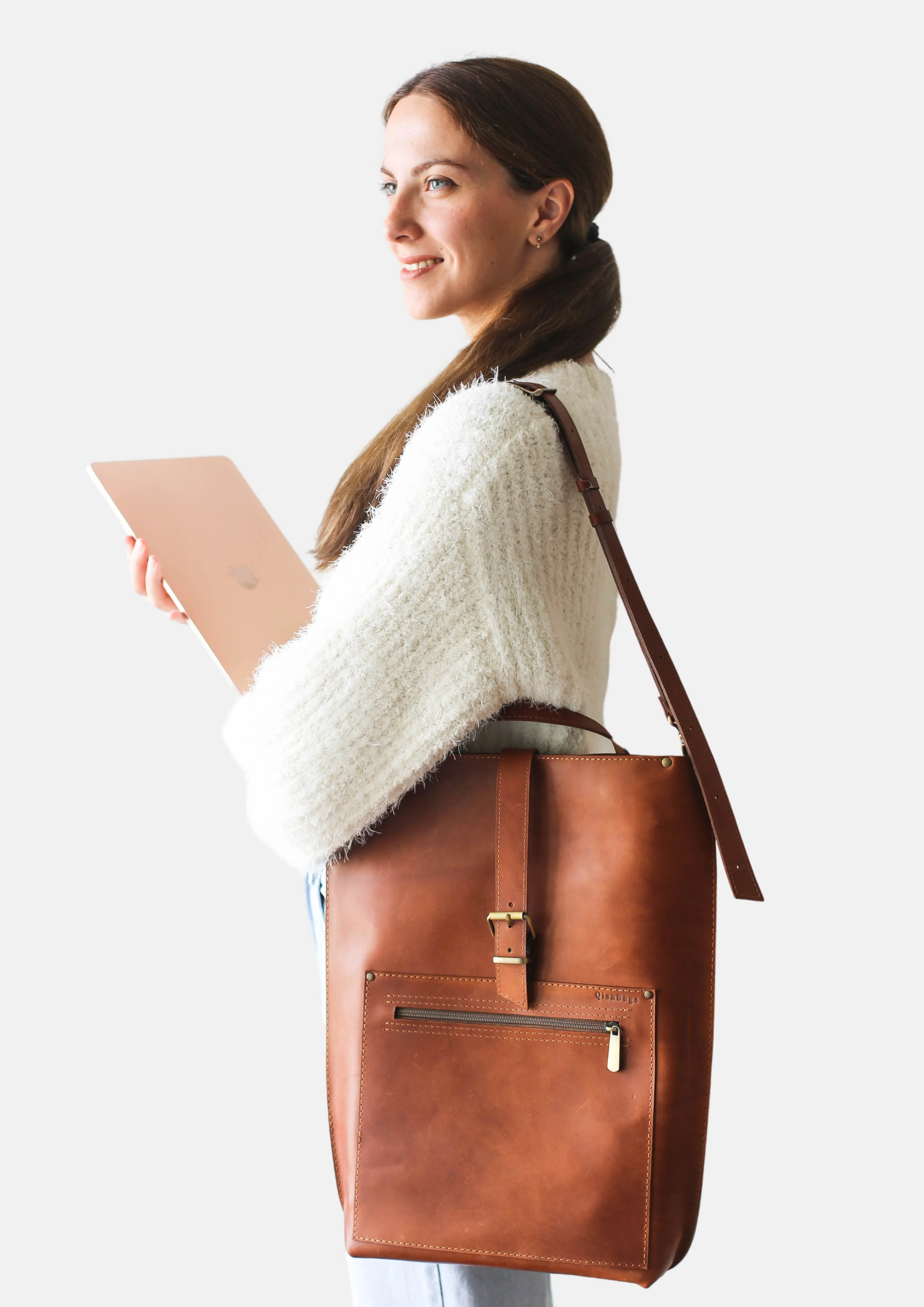 Brown Leather Laptop Backpack w/Zipper - Buckle Edition