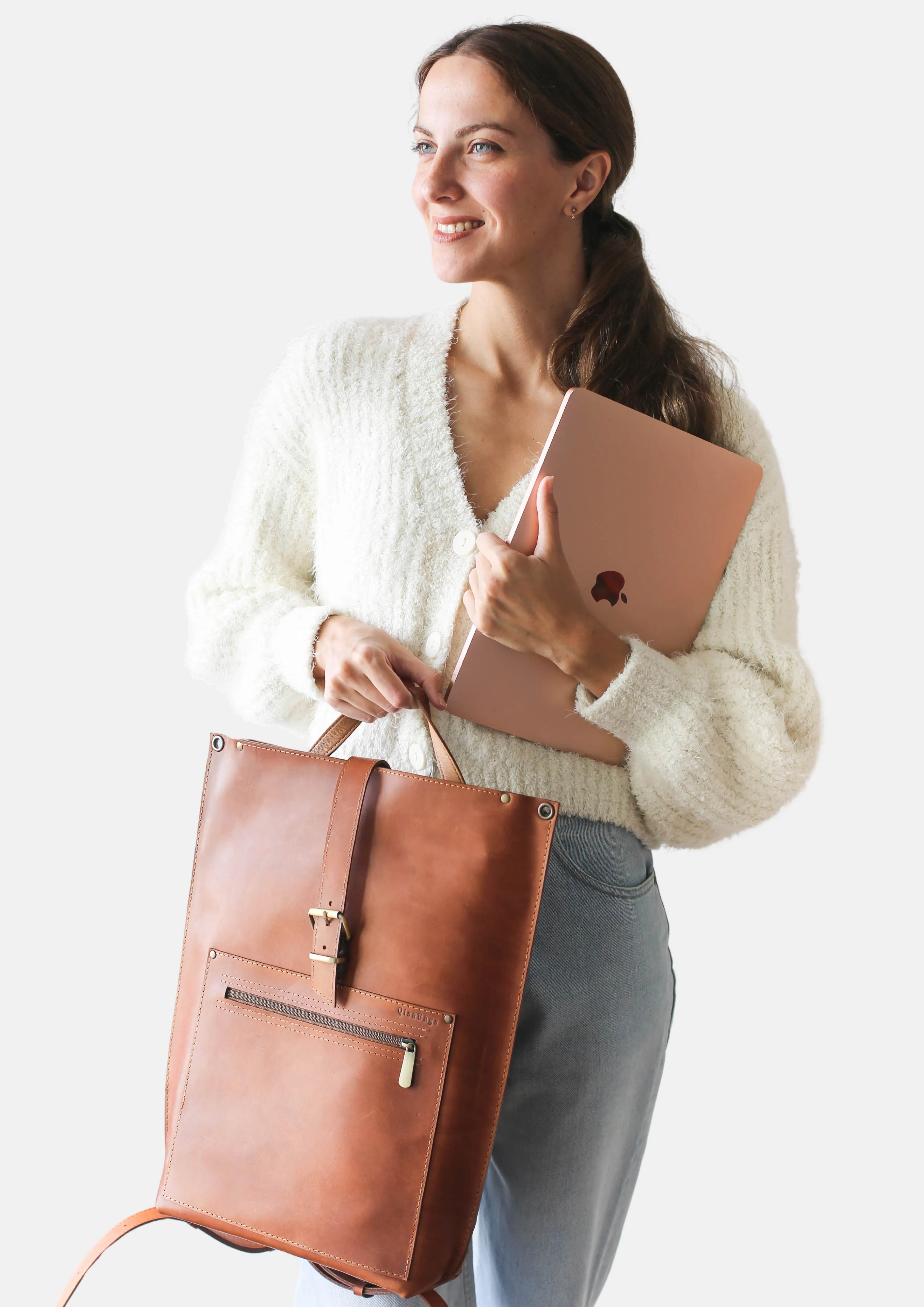 Brown Leather Laptop Backpack w/Zipper - Buckle Edition