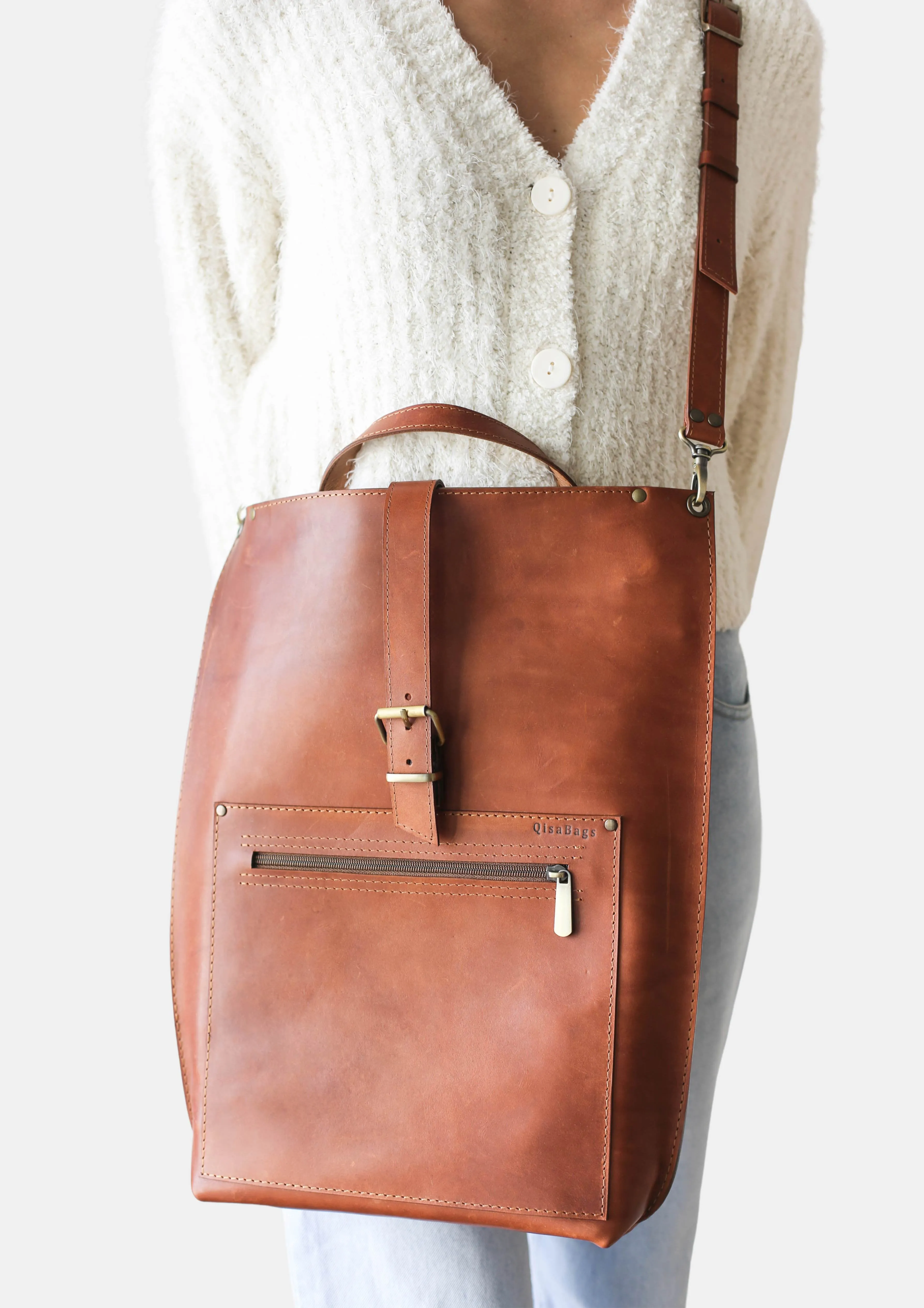 Brown Leather Laptop Backpack w/Zipper - Buckle Edition