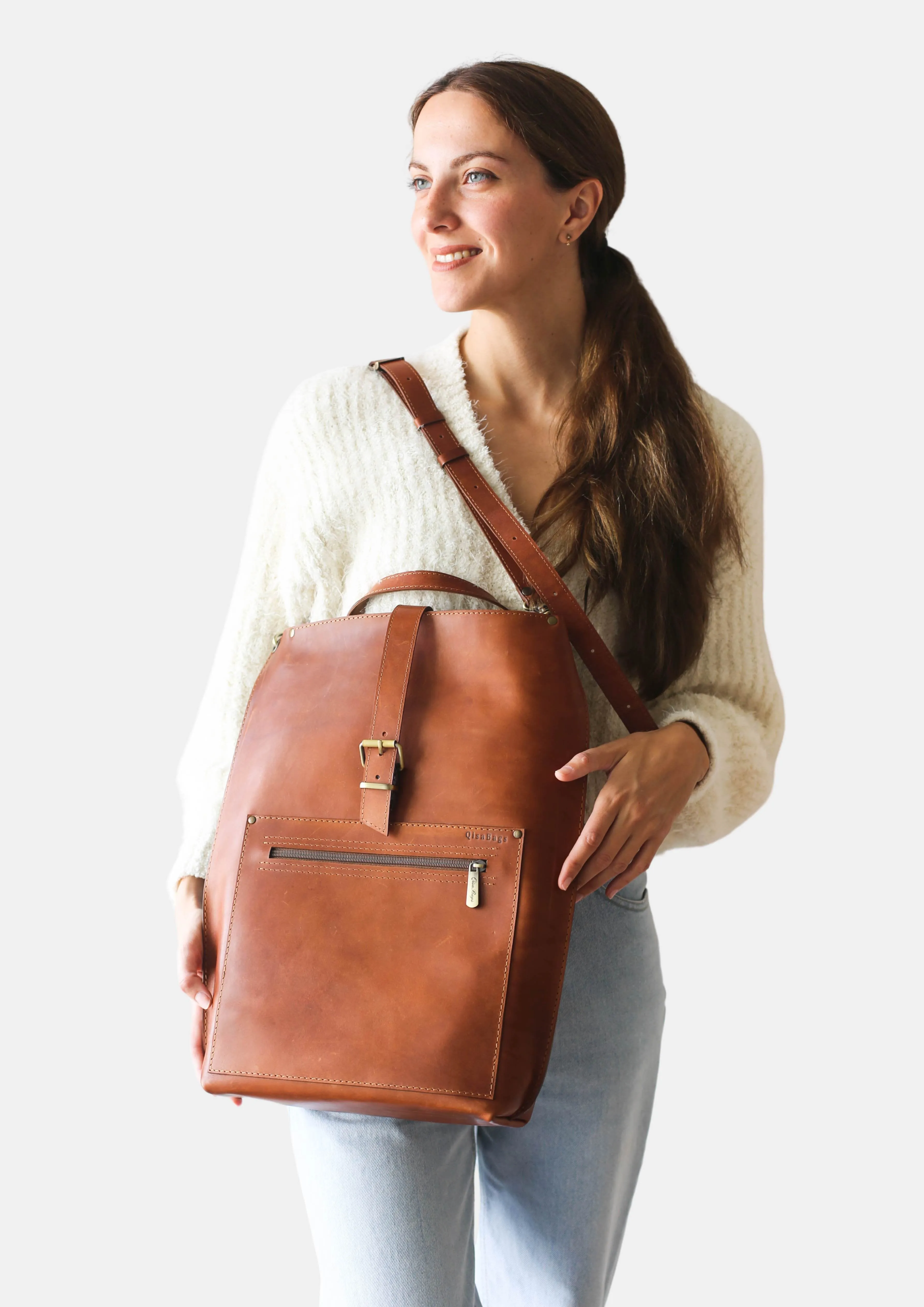 Brown Leather Laptop Backpack w/Zipper - Buckle Edition