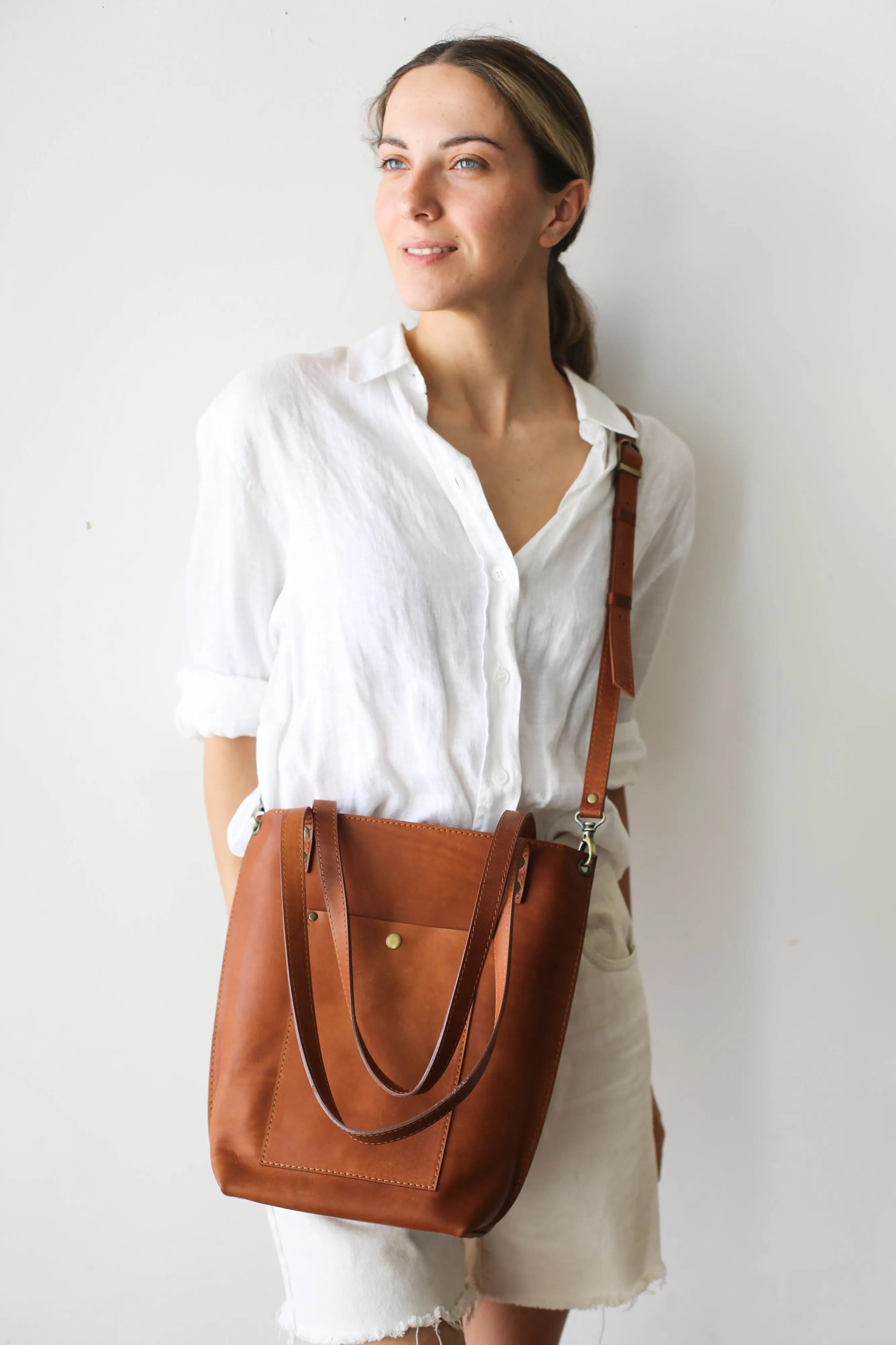 Brown Zip Top Leather Tote Bag