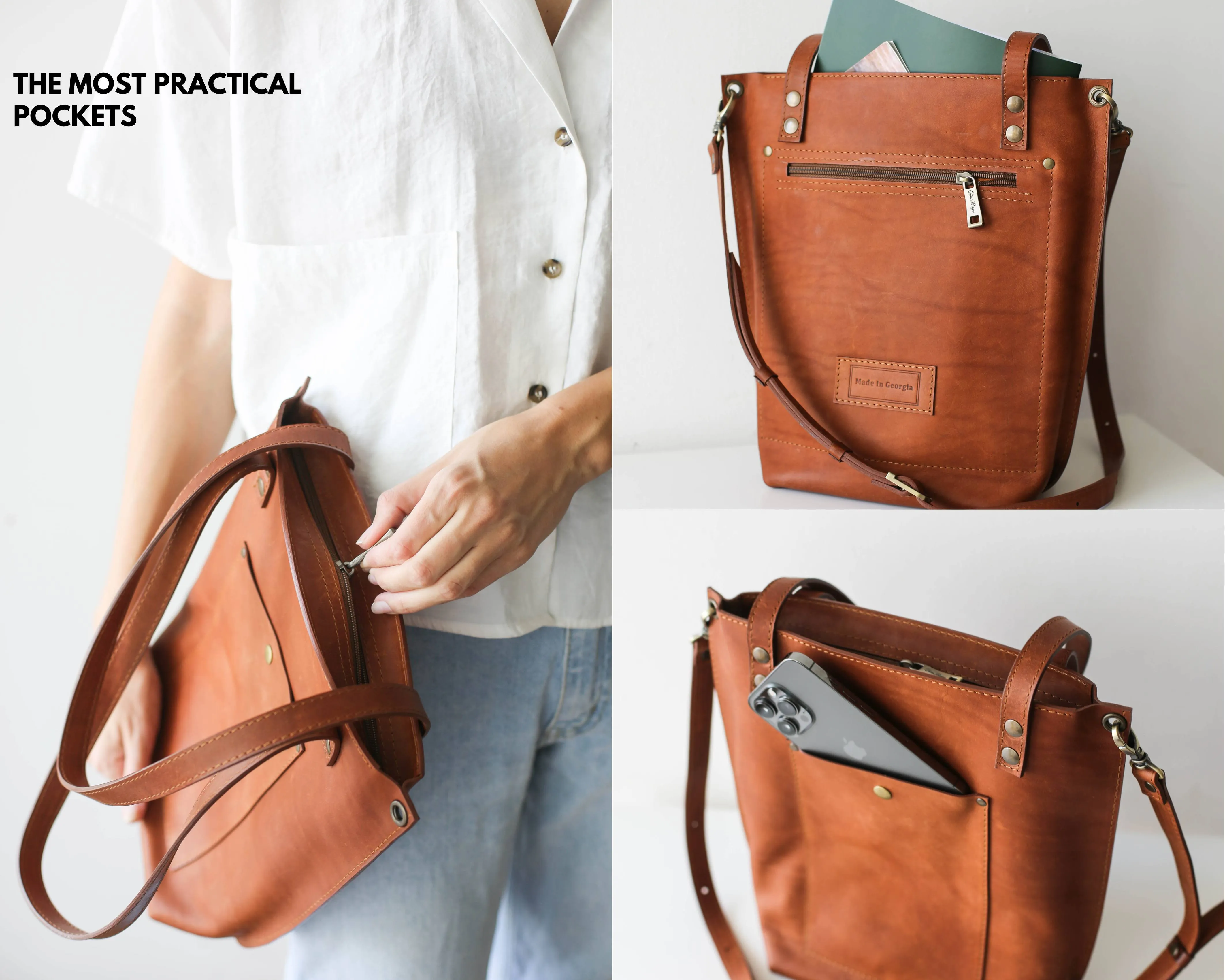 Brown Zip Top Leather Tote Bag