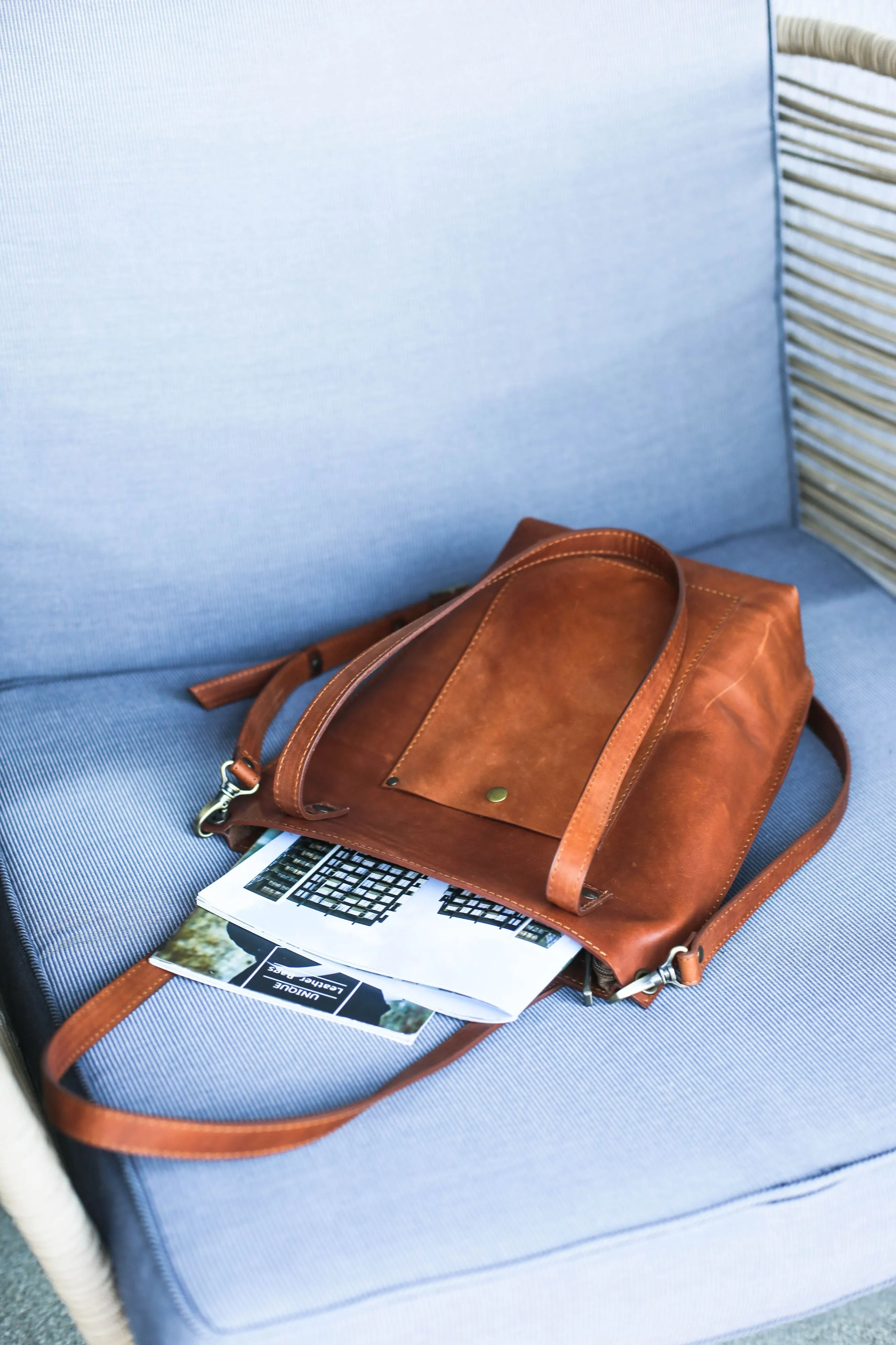 Brown Zip Top Leather Tote Bag