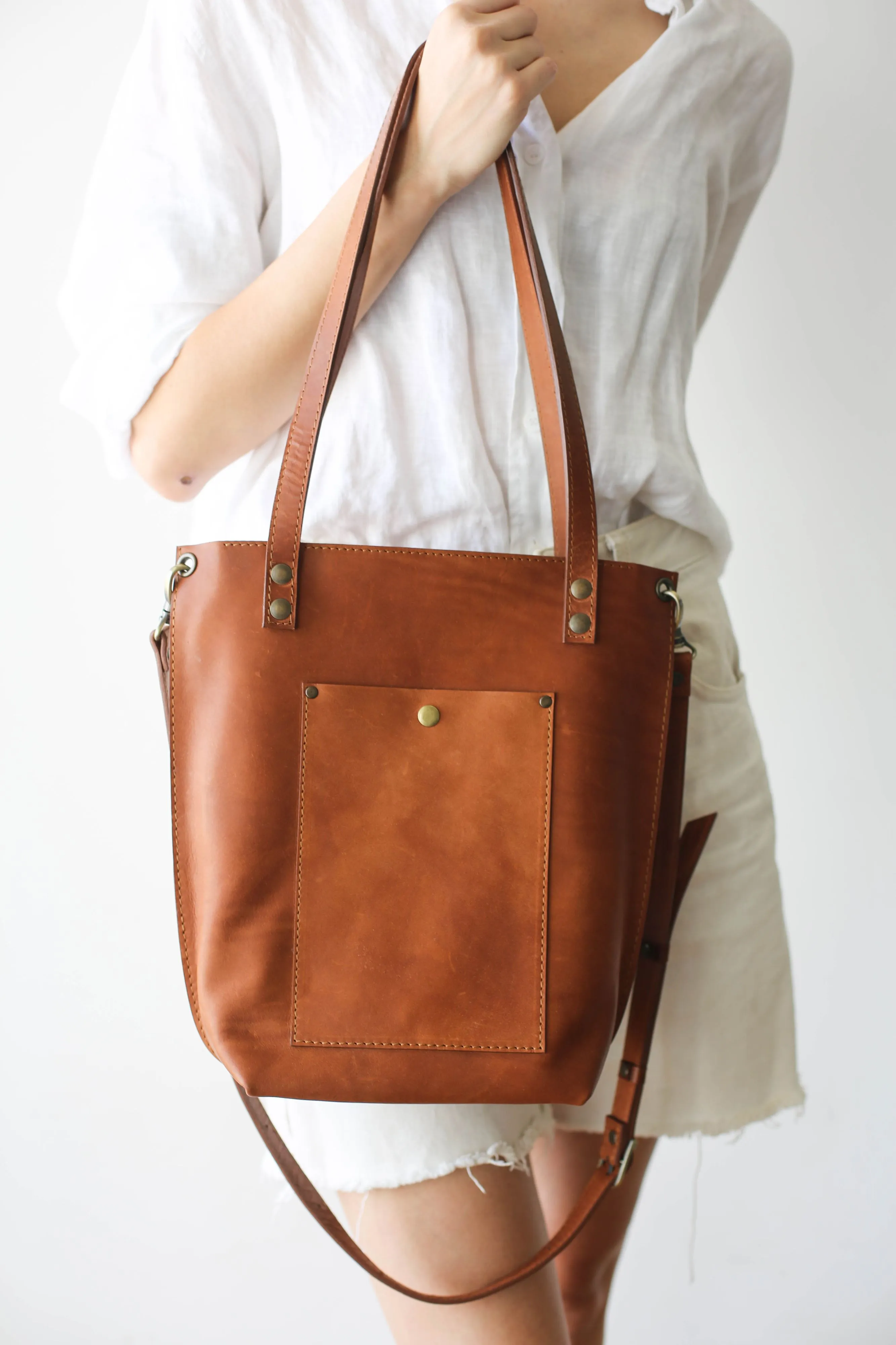 Brown Zip Top Leather Tote Bag