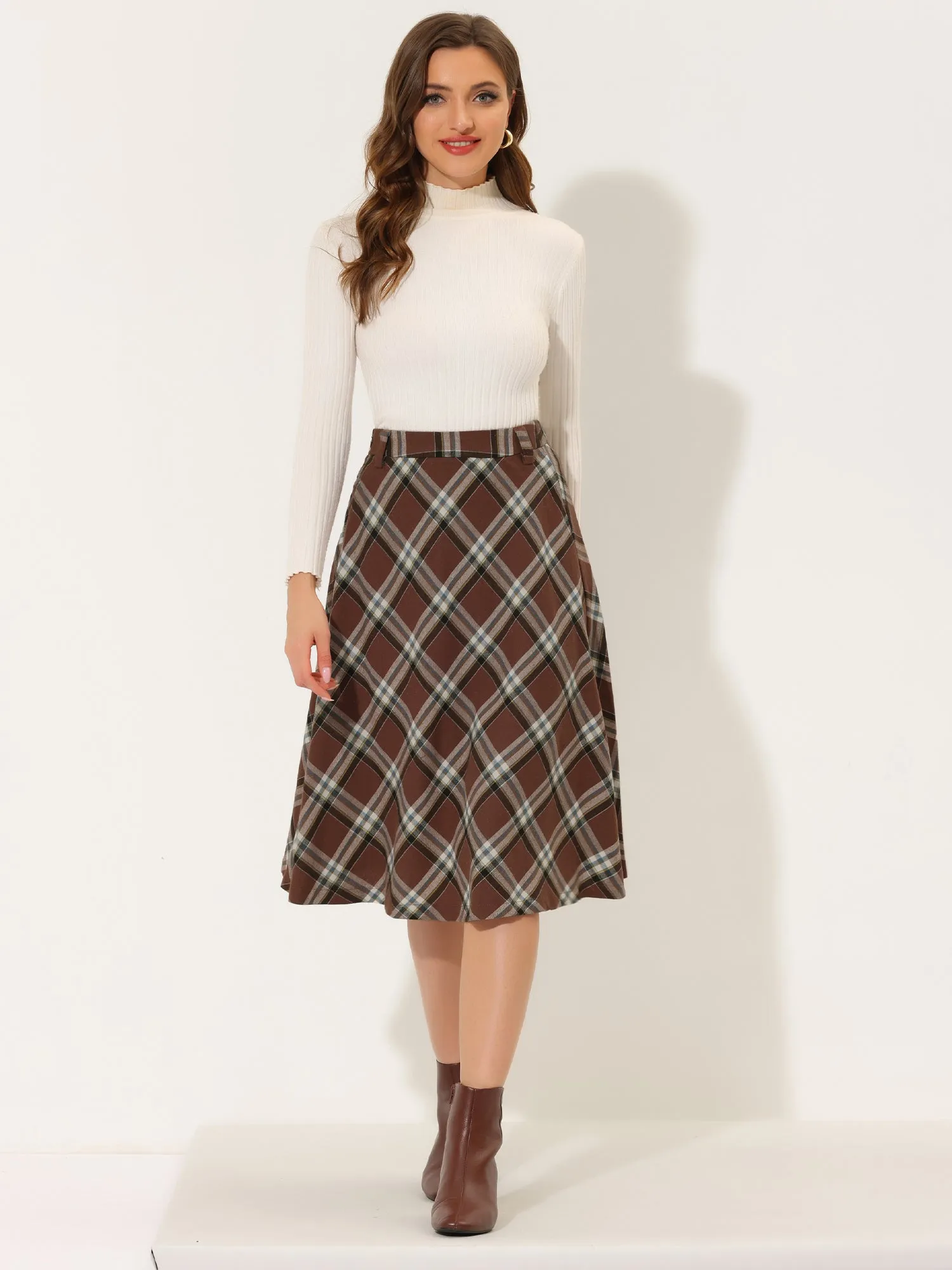 Christmas Tartan Plaid High Waist Belted Vintage A-Line Midi Skirt