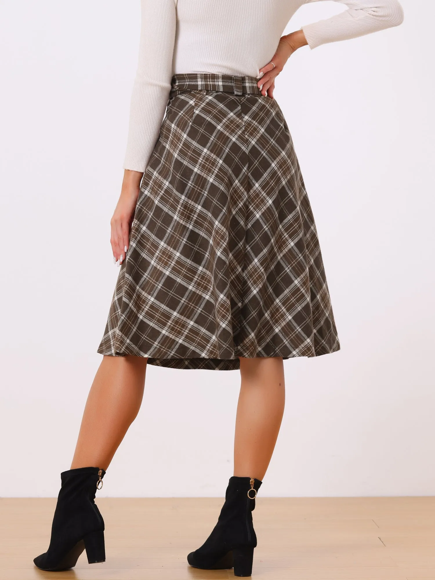 Christmas Tartan Plaid High Waist Belted Vintage A-Line Midi Skirt
