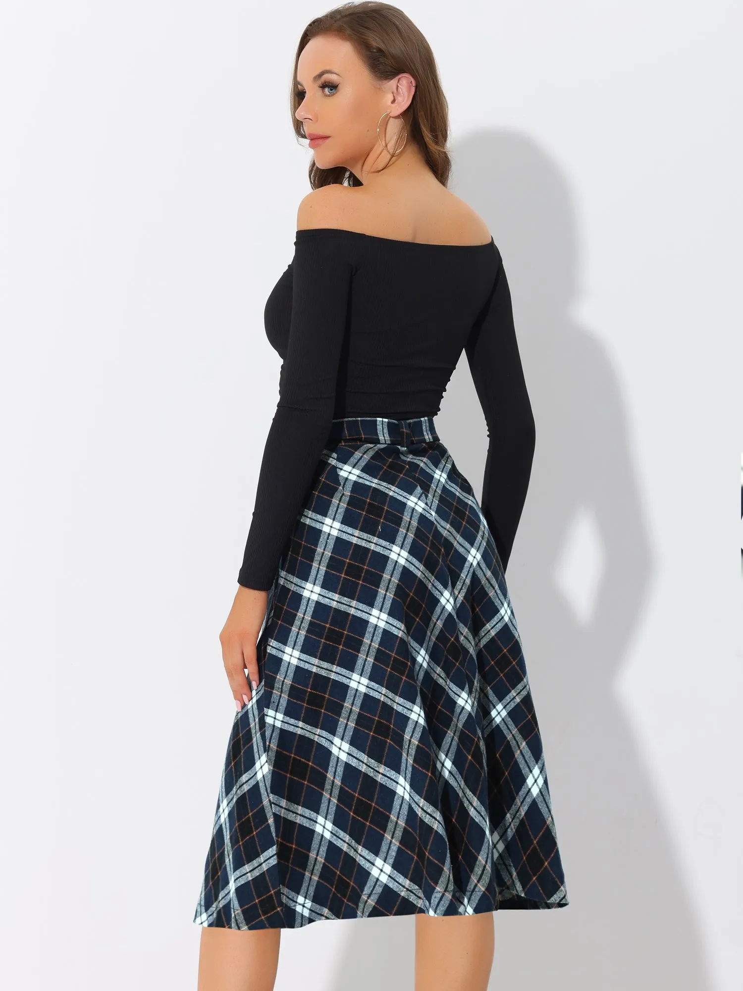 Christmas Tartan Plaid High Waist Belted Vintage A-Line Midi Skirt