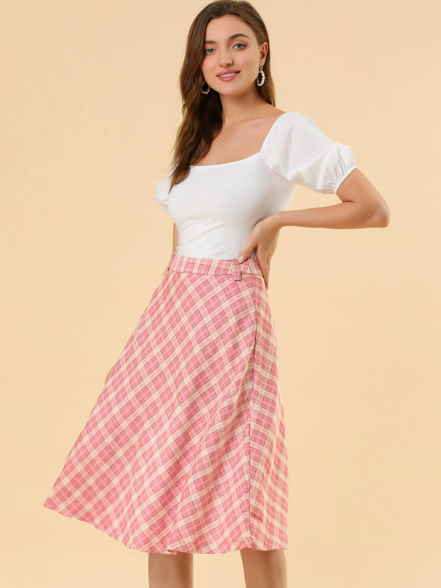 Christmas Tartan Plaid High Waist Belted Vintage A-Line Midi Skirt