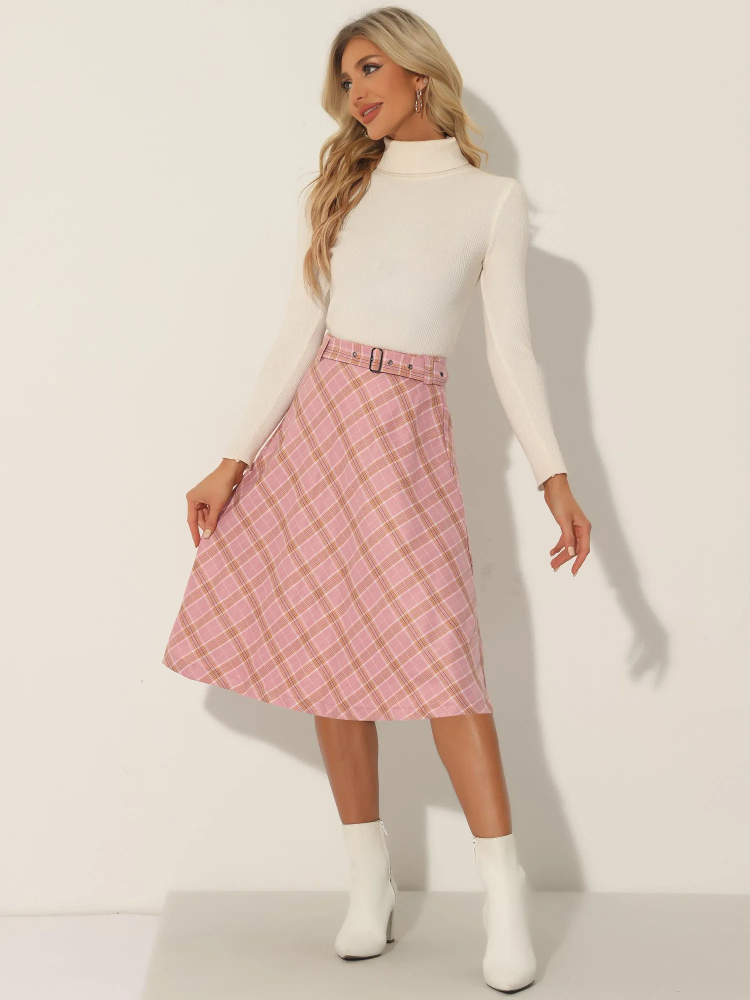 Christmas Tartan Plaid High Waist Belted Vintage A-Line Midi Skirt