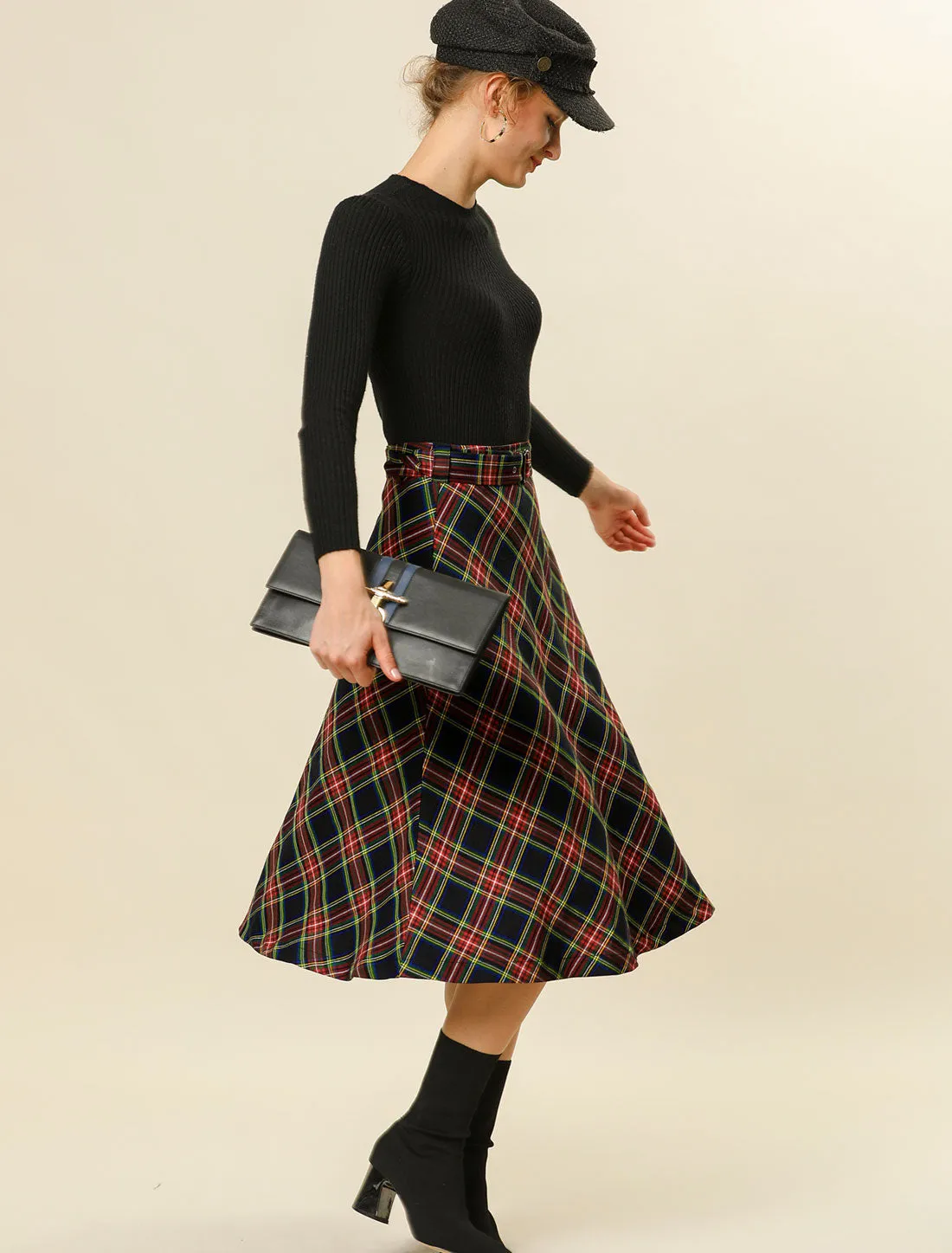 Christmas Tartan Plaid High Waist Belted Vintage A-Line Midi Skirt