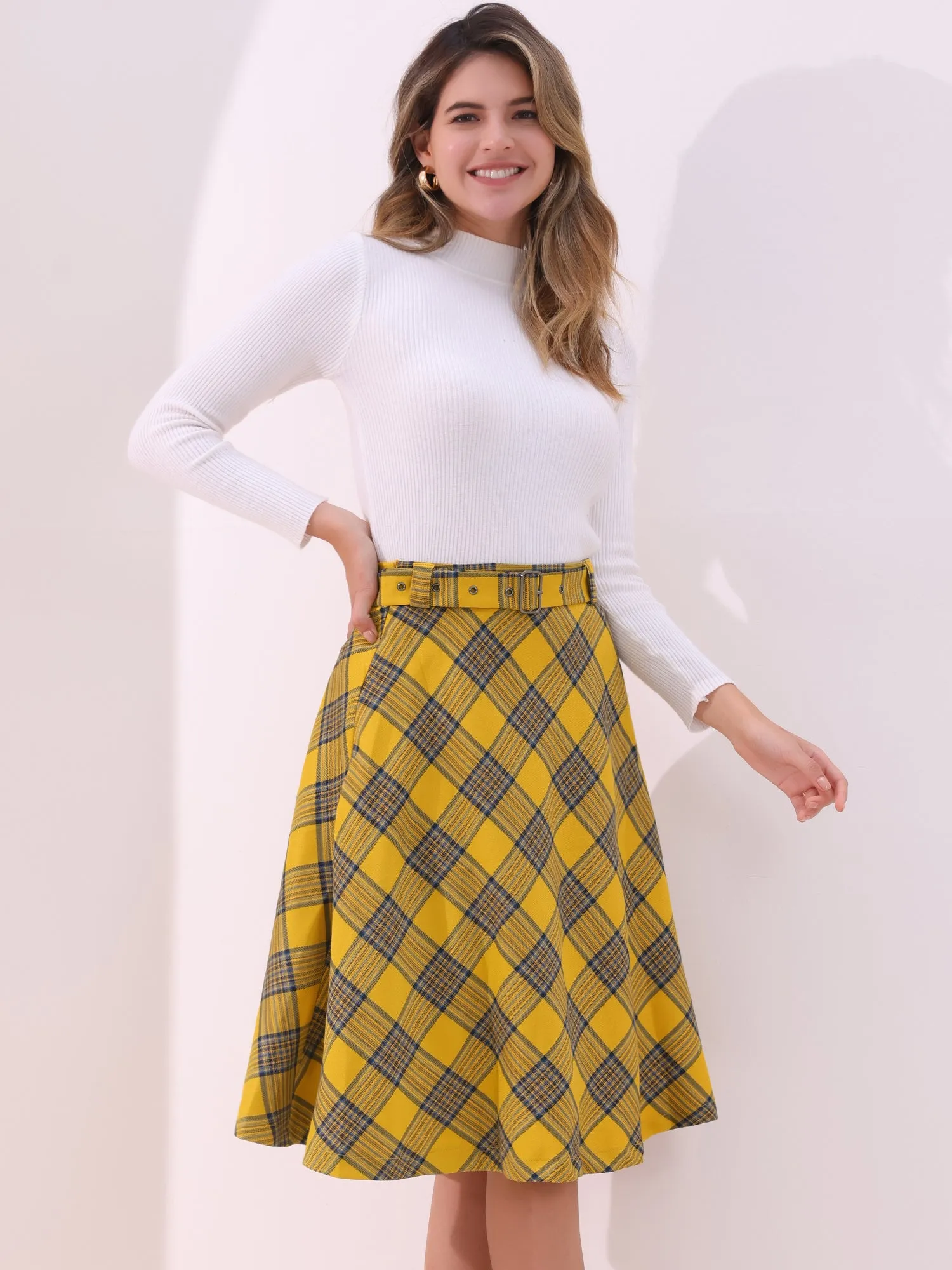 Christmas Tartan Plaid High Waist Belted Vintage A-Line Midi Skirt