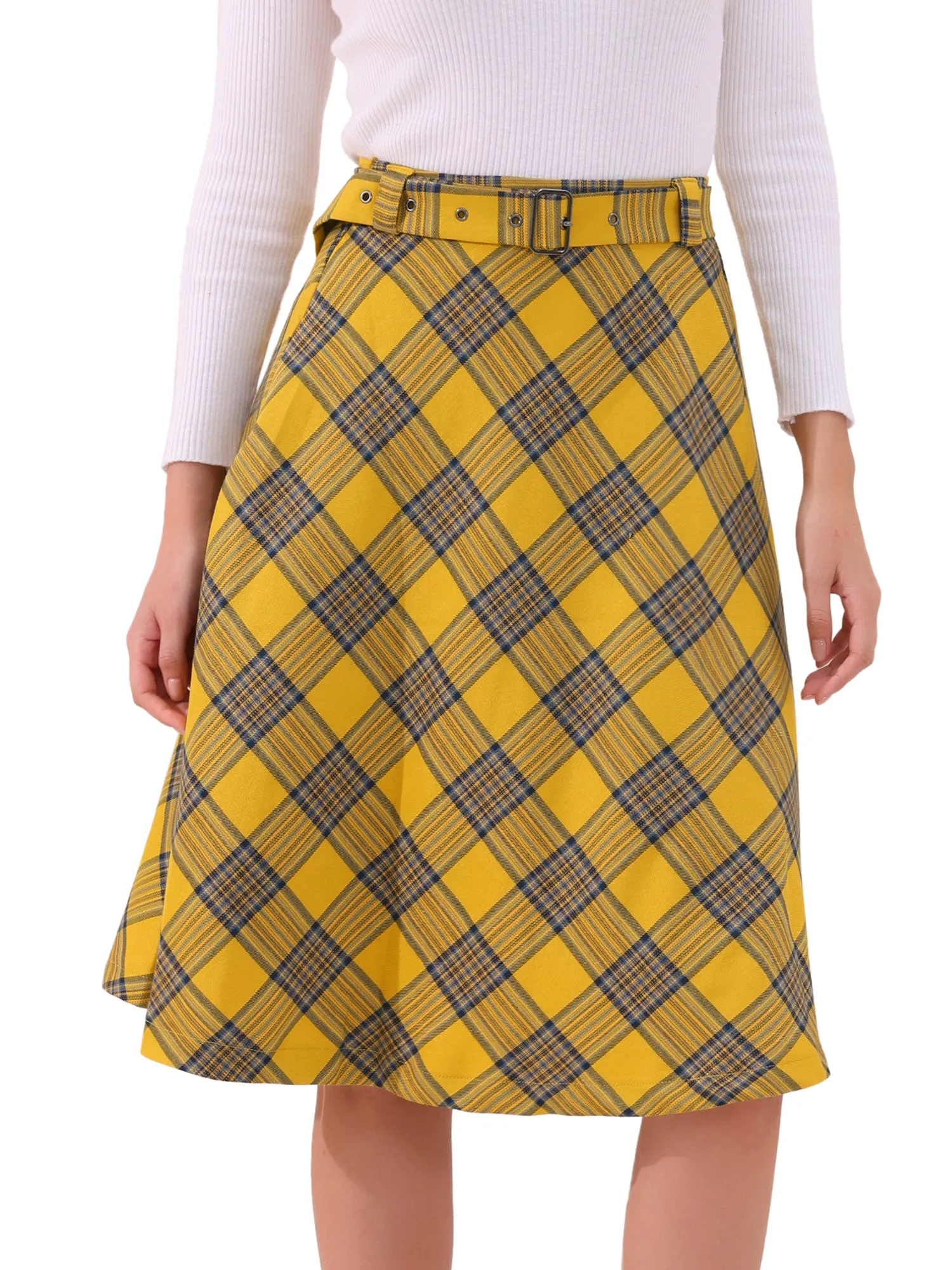 Christmas Tartan Plaid High Waist Belted Vintage A-Line Midi Skirt