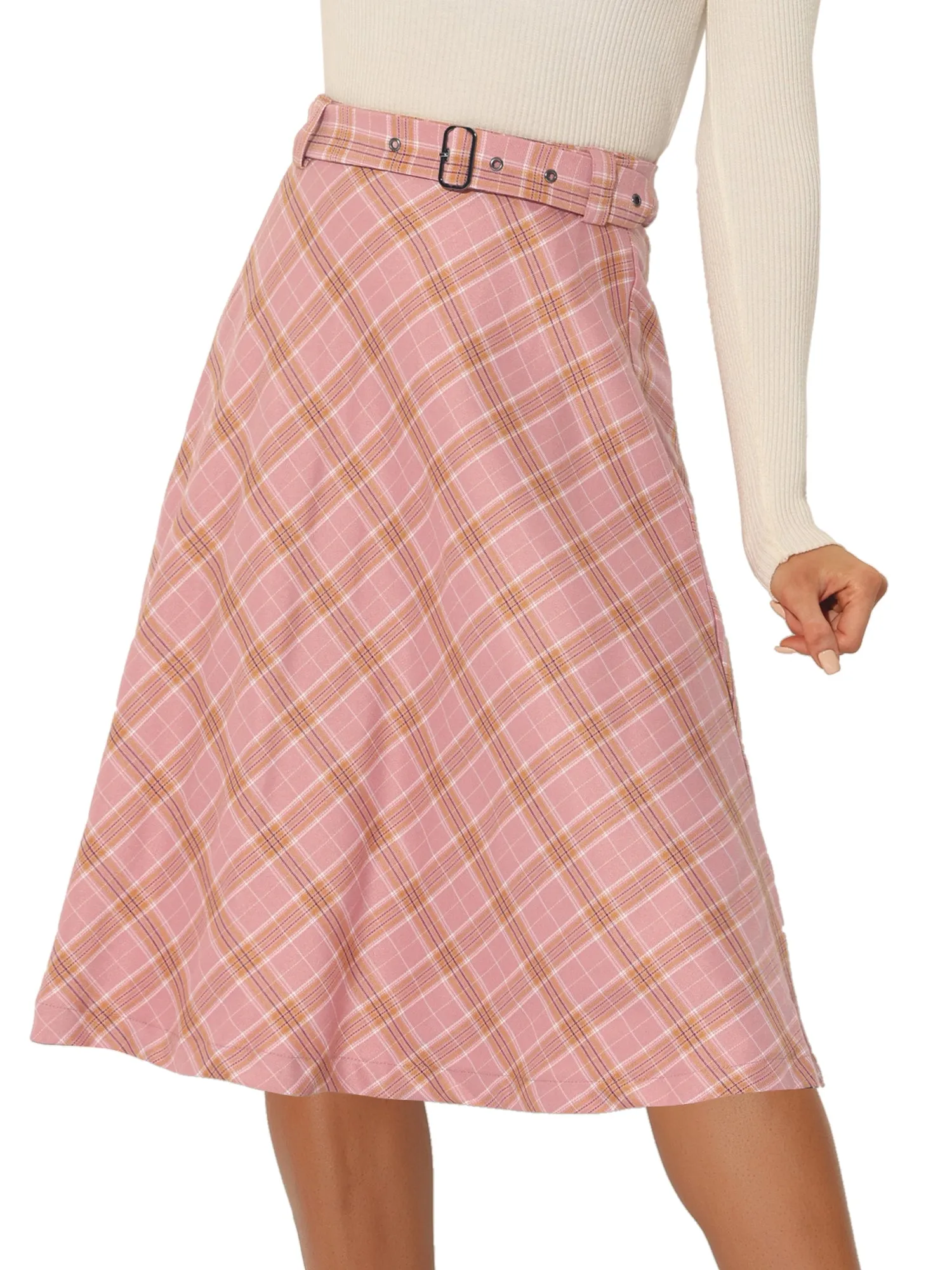 Christmas Tartan Plaid High Waist Belted Vintage A-Line Midi Skirt