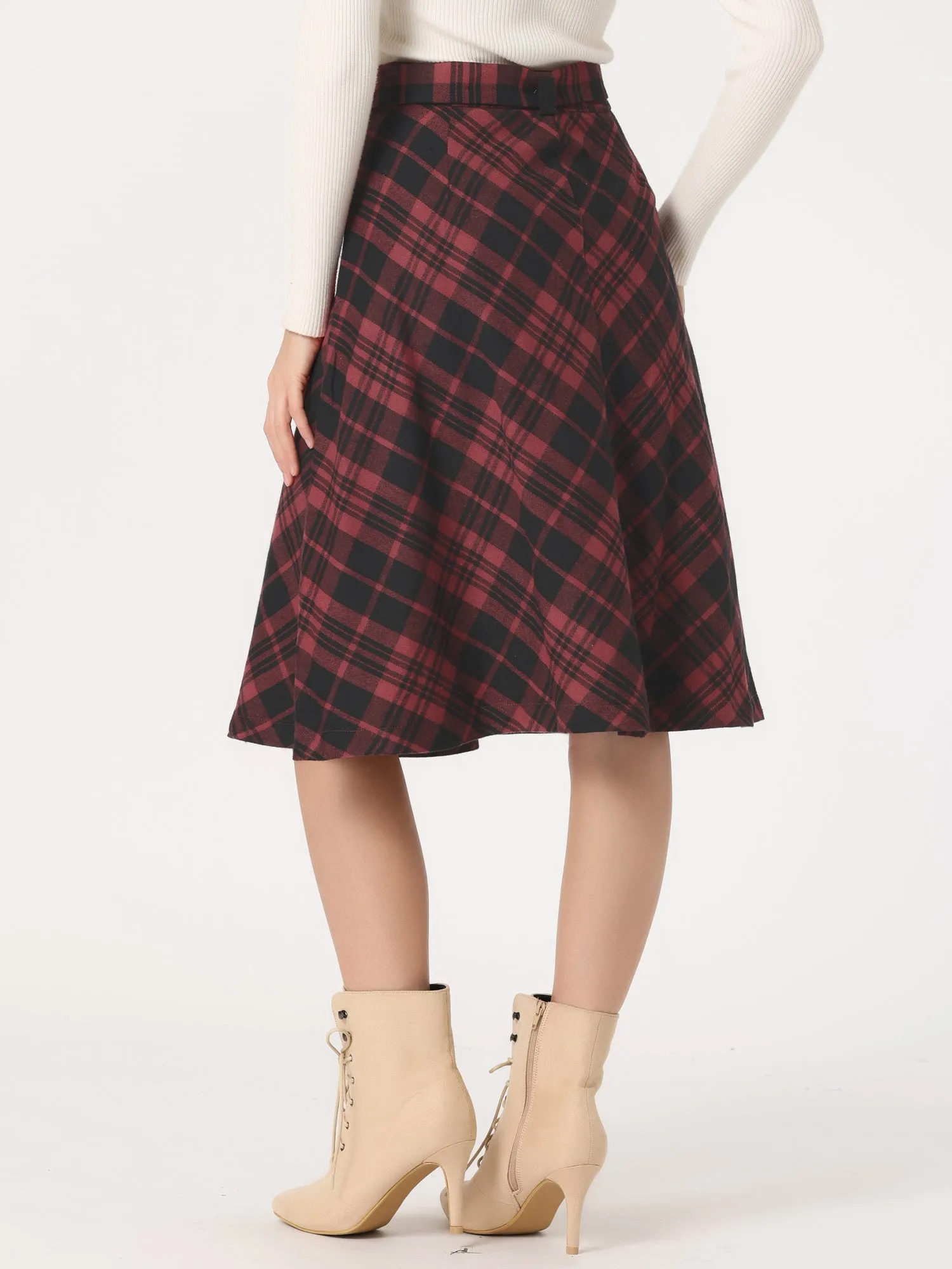 Christmas Tartan Plaid High Waist Belted Vintage A-Line Midi Skirt